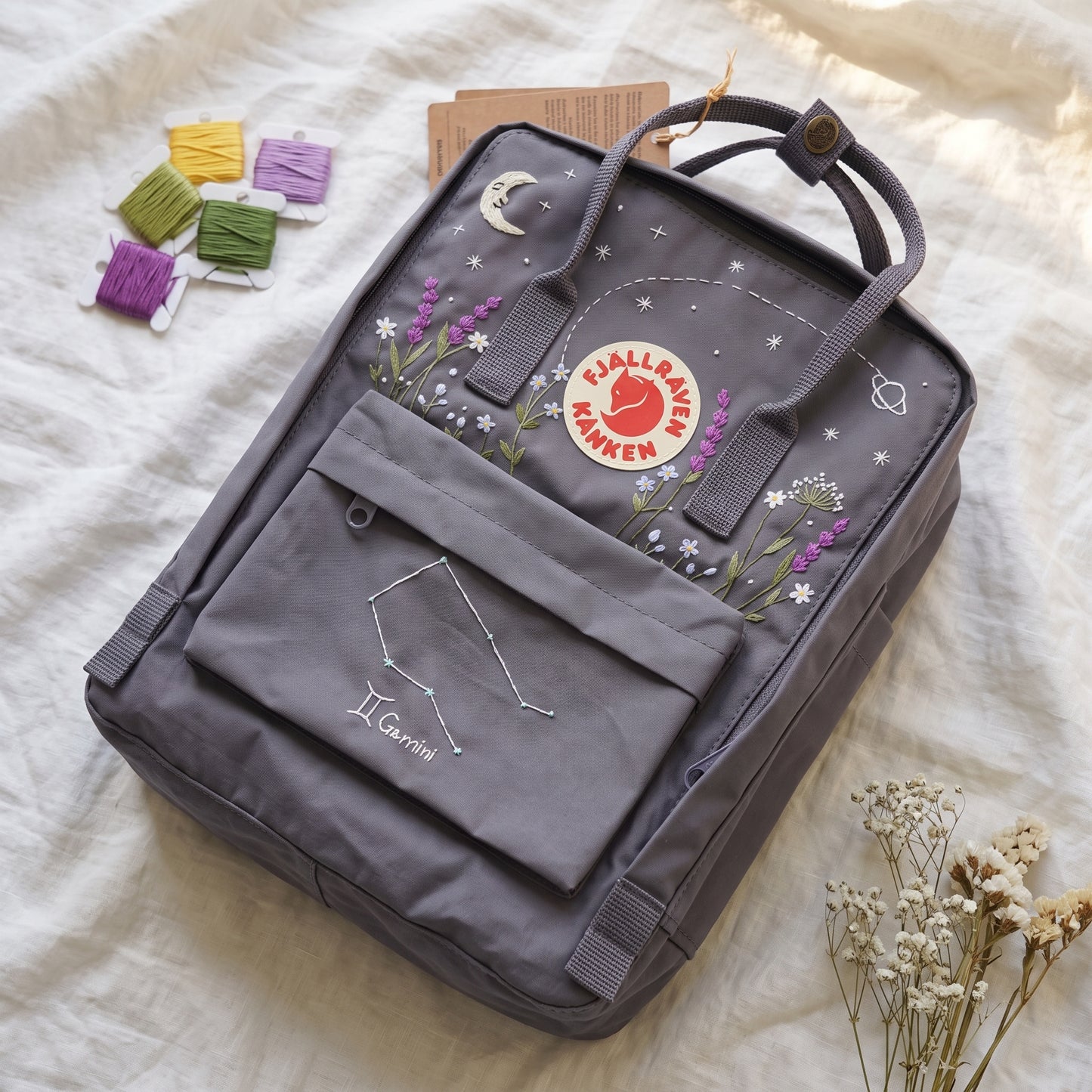 Personalized Fjallraven Kanken Backpack | Gemini Zodiac Embroidered Backpack | Moon & Stars Celestial Kanken Bag | Lavender Backpack