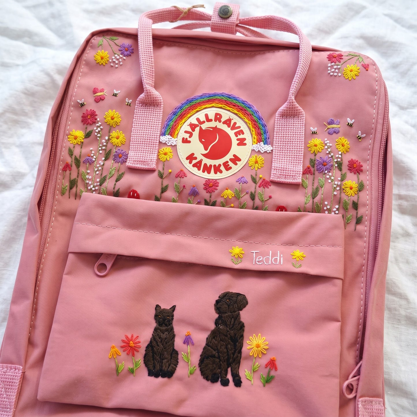 Personalized Fjallraven Kanken Pet Backpack | Custom Cat & Dog Embroidered Kanken Bag |Rainbow Wildflower Backpack | Custom Pet Portrait Bag
