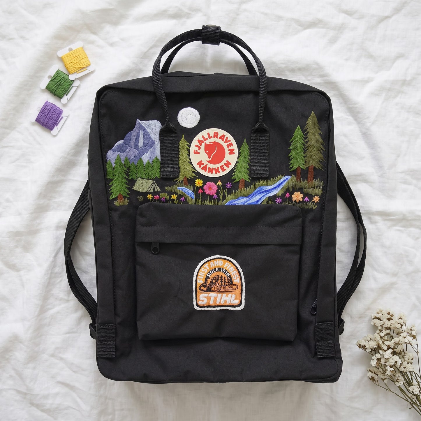Custom Logo Embroidered Fjallraven Kanken Backpack | Personalized Symbol Kanken Bag | Mountain & Forest Embroidery | Camping Hiking Backpack