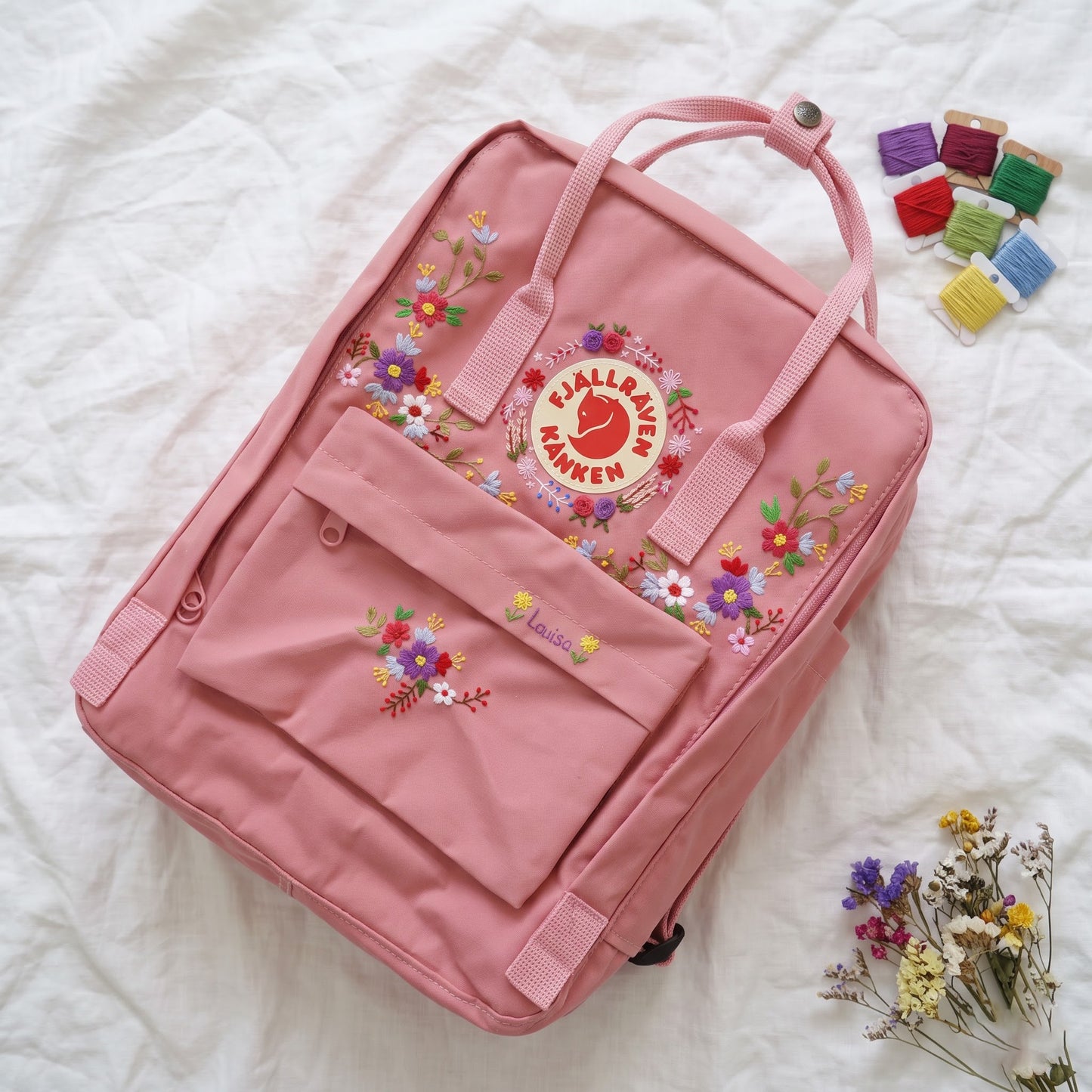 Fjallraven Kanken Floral Backpack | Embroidered Wildflower Wreath Kanken Bag | Embroidered Multicolor Flower Kanken Bag| Back to School Gift