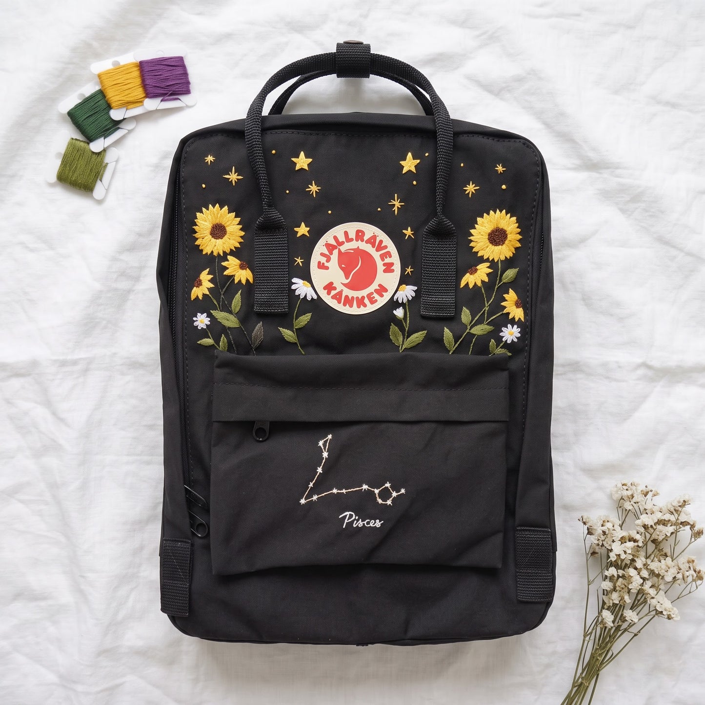 Fjallraven Kanken Backpack Embroidered Sunflower & Pisces Constellation | Personalized Zodiac Kanken Bag | Celestial Floral Backpack