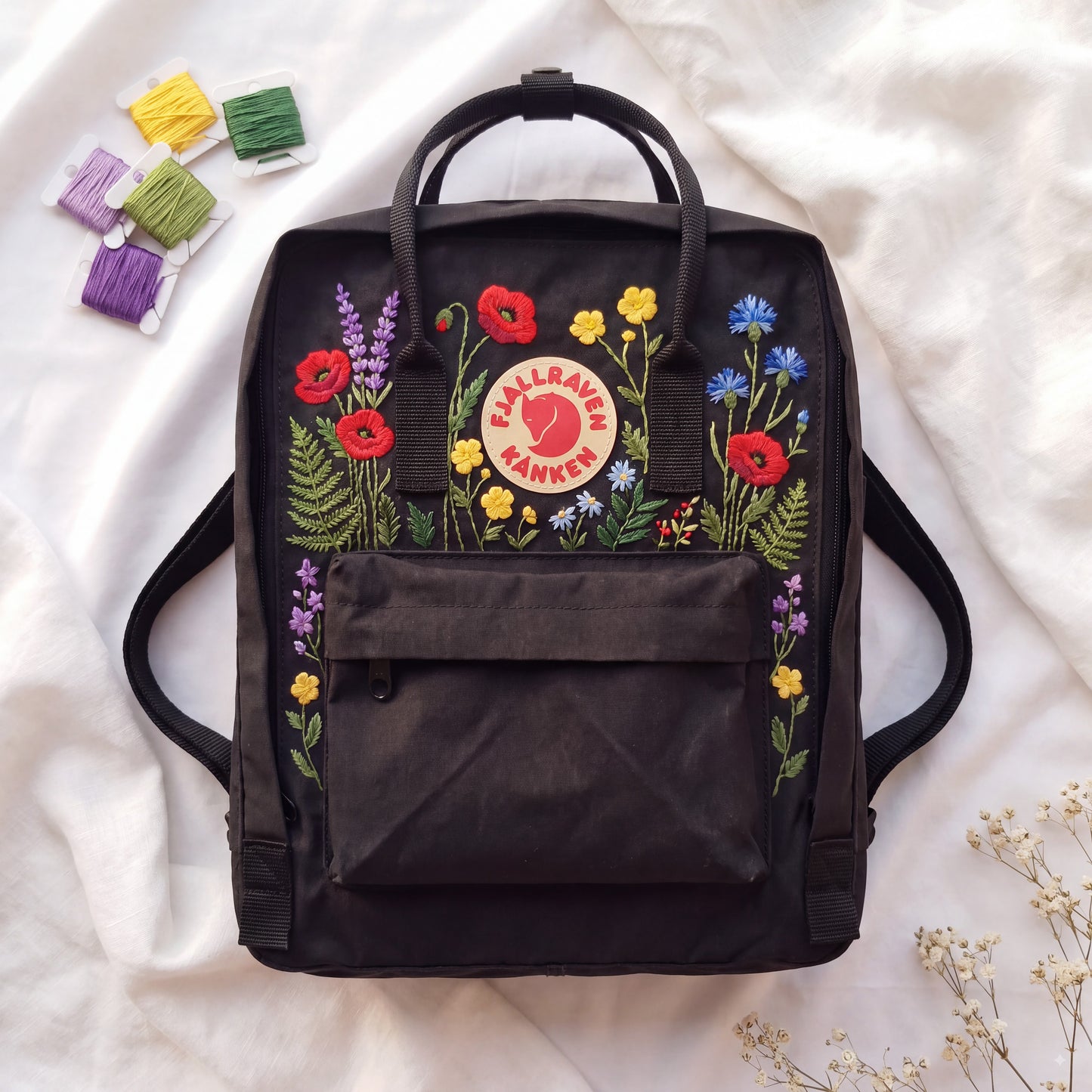 Fjallraven Kanken Embroidered Backpack | Floral Embroidery Backpack | Colorful Wildflower Bag | Canvas Backpack | Handmade Flower Backpack