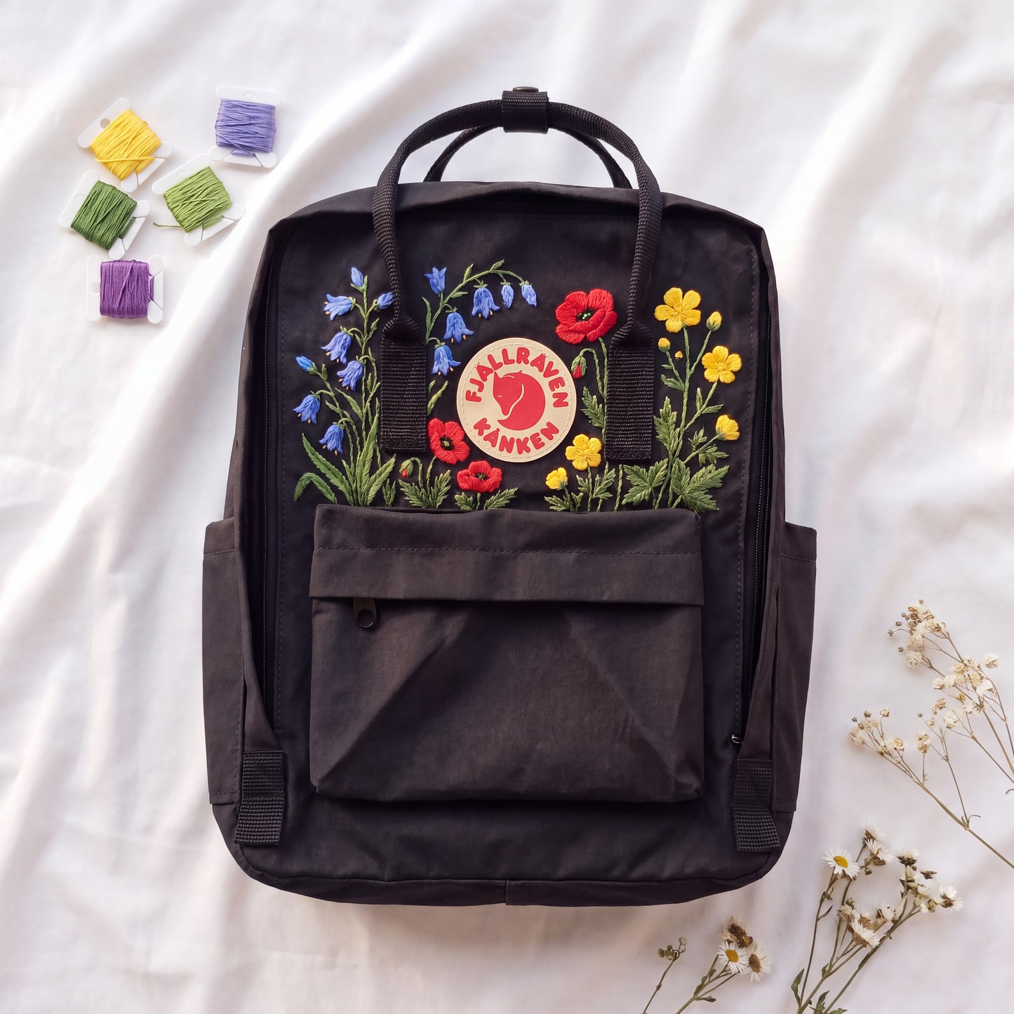 Hand Embroidered Fjallraven Kanken Backpack, Wildflower Floral Backpack, Poppy Flower Kanken Bag, Custom Embroidered Backpack