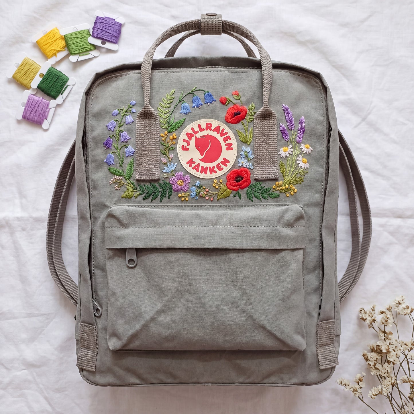 Hand Embroidered Fjallraven Kanken Backpack, Wildflower Floral Backpack, Poppy Bluebell Flower Bag, Custom Personalized Kanken Backpack
