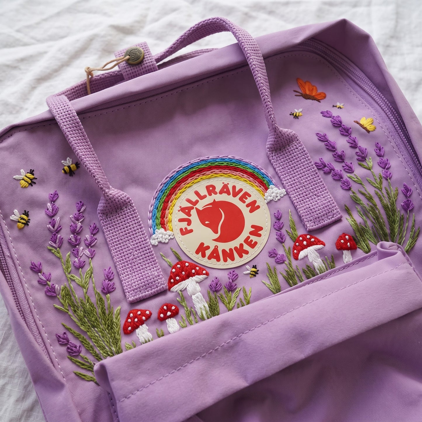 Fjallraven Kanken Rainbow Lavender Mushroom Embroidered Backpack | Lavender Mushroom Cottagecore Backpack | Cute Rainbow Floral School Bag