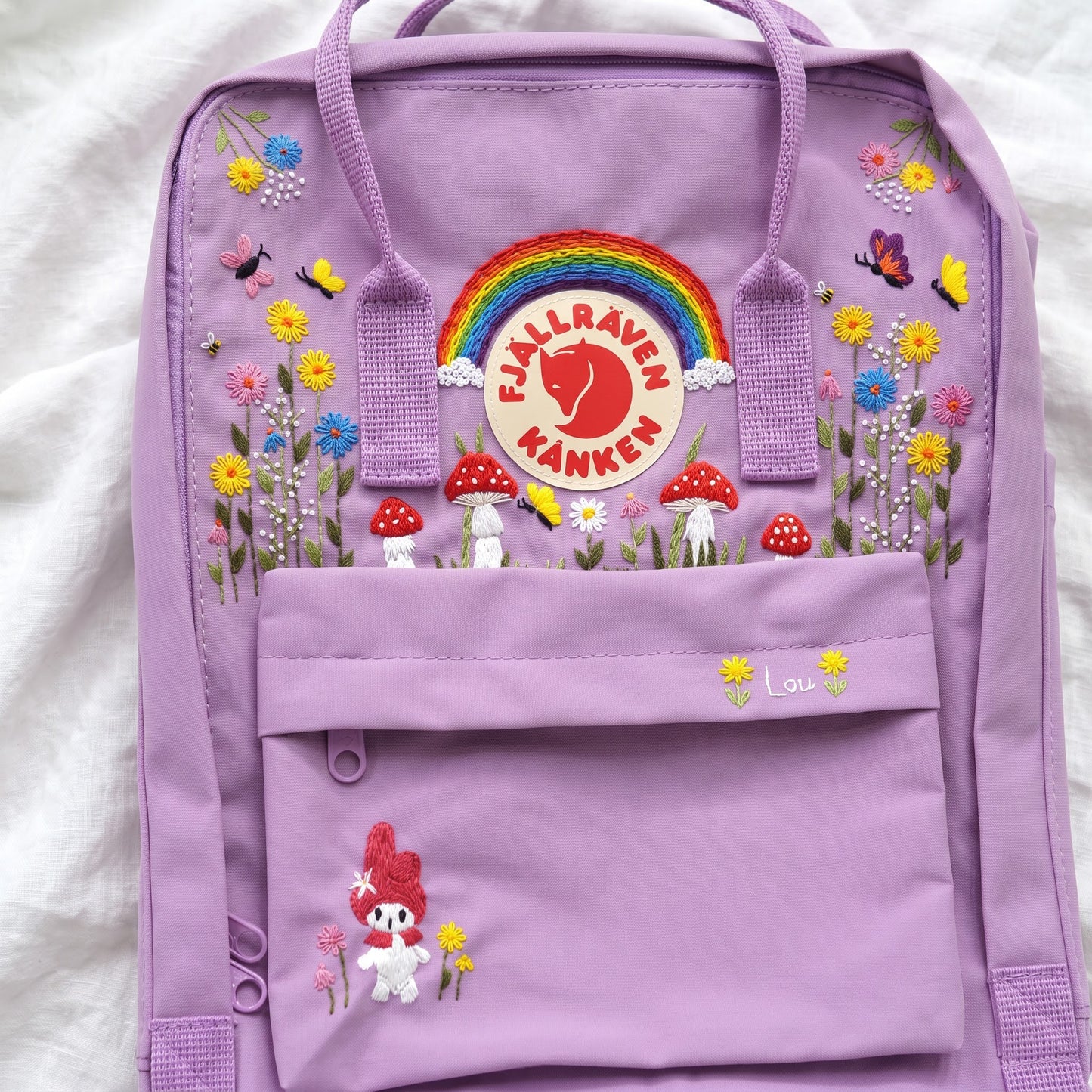 Hand Embroidered Fjallraven Kanken Backpack | Rainbow Mushroom Floral Backpack | Butterfly Wildflower Bag | Personalized Kanken Backpack