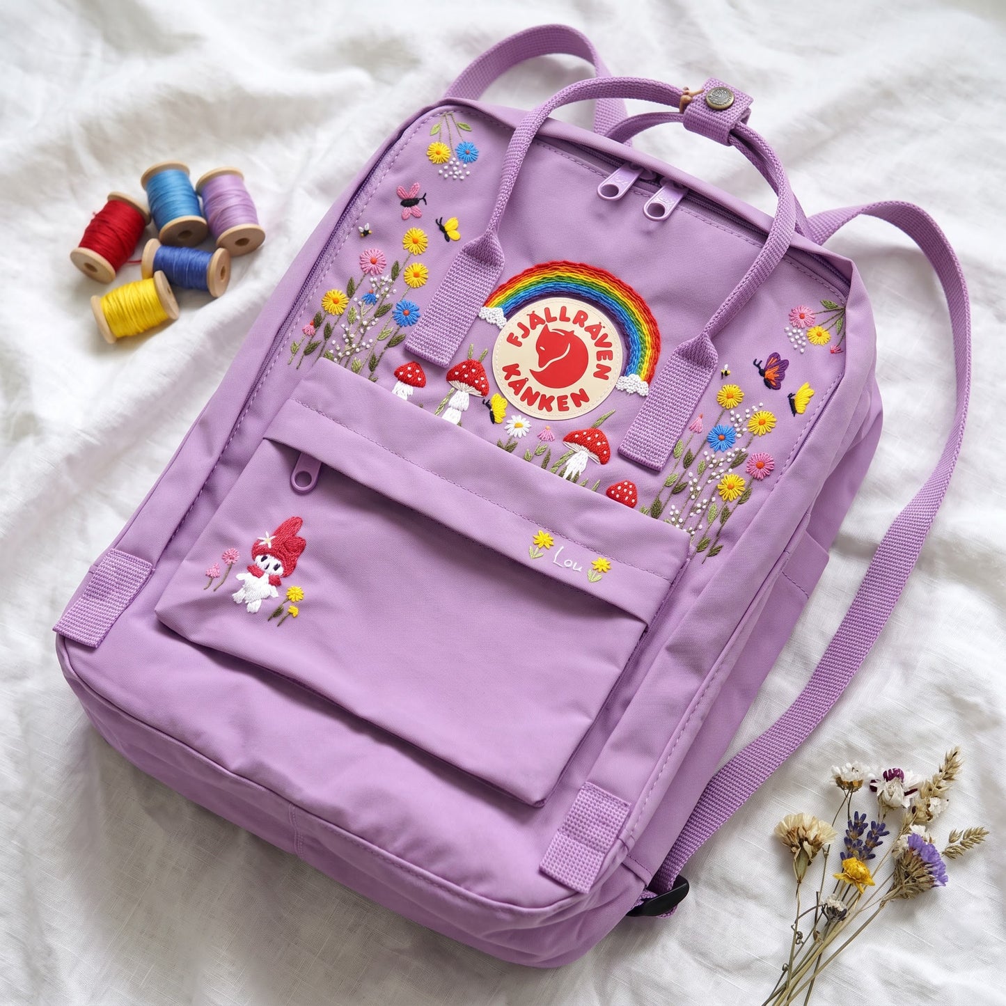 Hand Embroidered Fjallraven Kanken Backpack | Rainbow Mushroom Floral Backpack | Butterfly Wildflower Bag | Personalized Kanken Backpack
