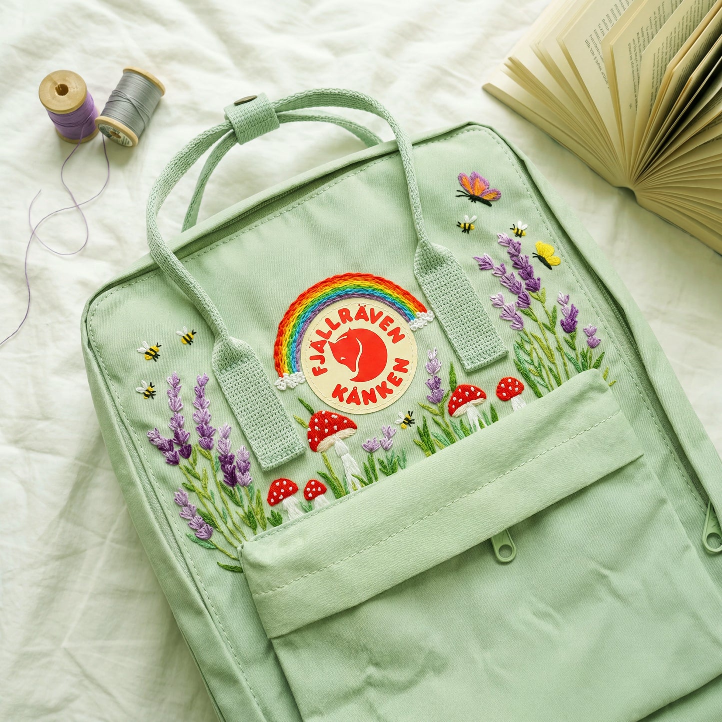 Fjallraven Kanken Rainbow Lavender Mushroom Embroidered Backpack | Lavender Mushroom Cottagecore Backpack | Cute Rainbow Floral School Bag