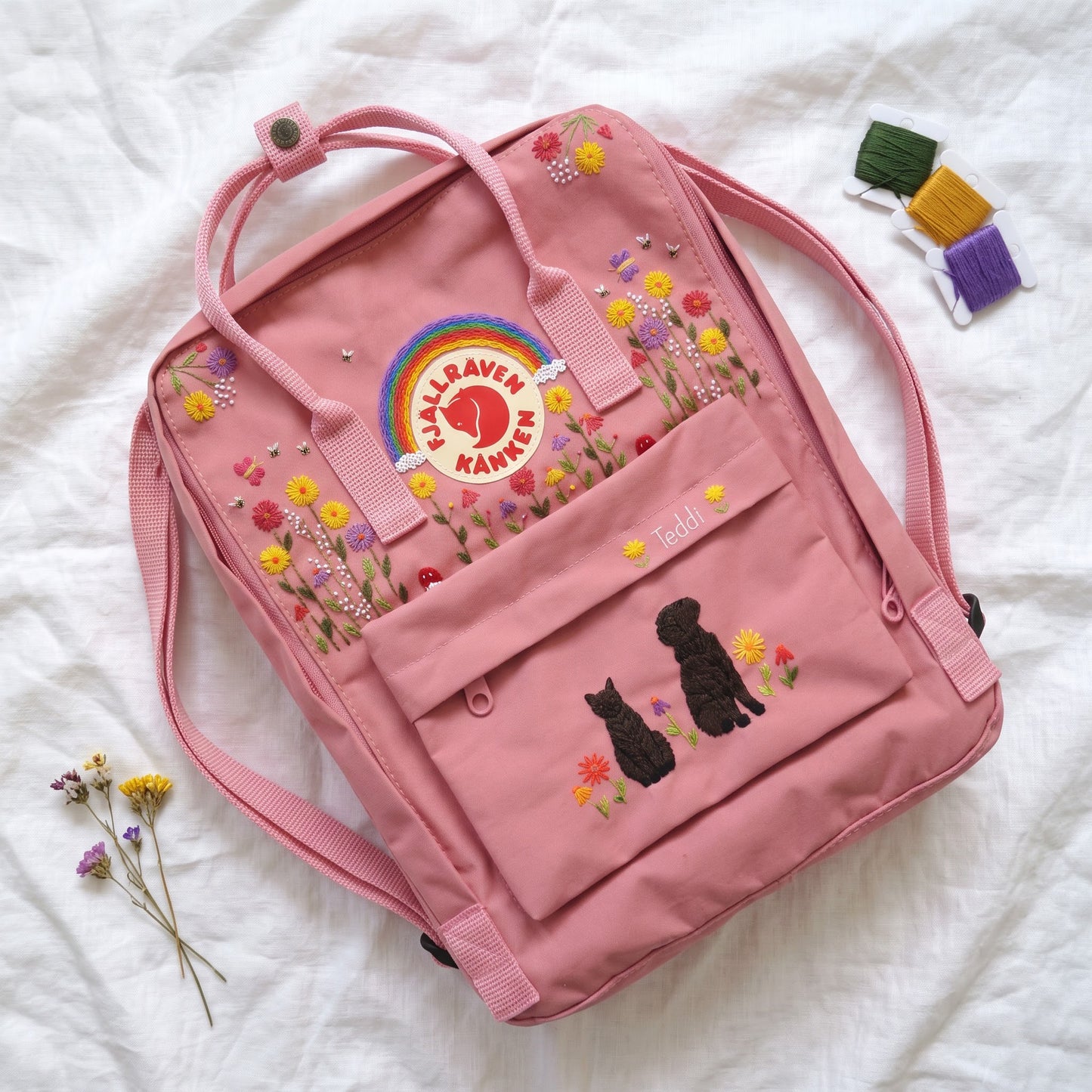 Personalized Fjallraven Kanken Pet Backpack | Custom Cat & Dog Embroidered Kanken Bag |Rainbow Wildflower Backpack | Custom Pet Portrait Bag