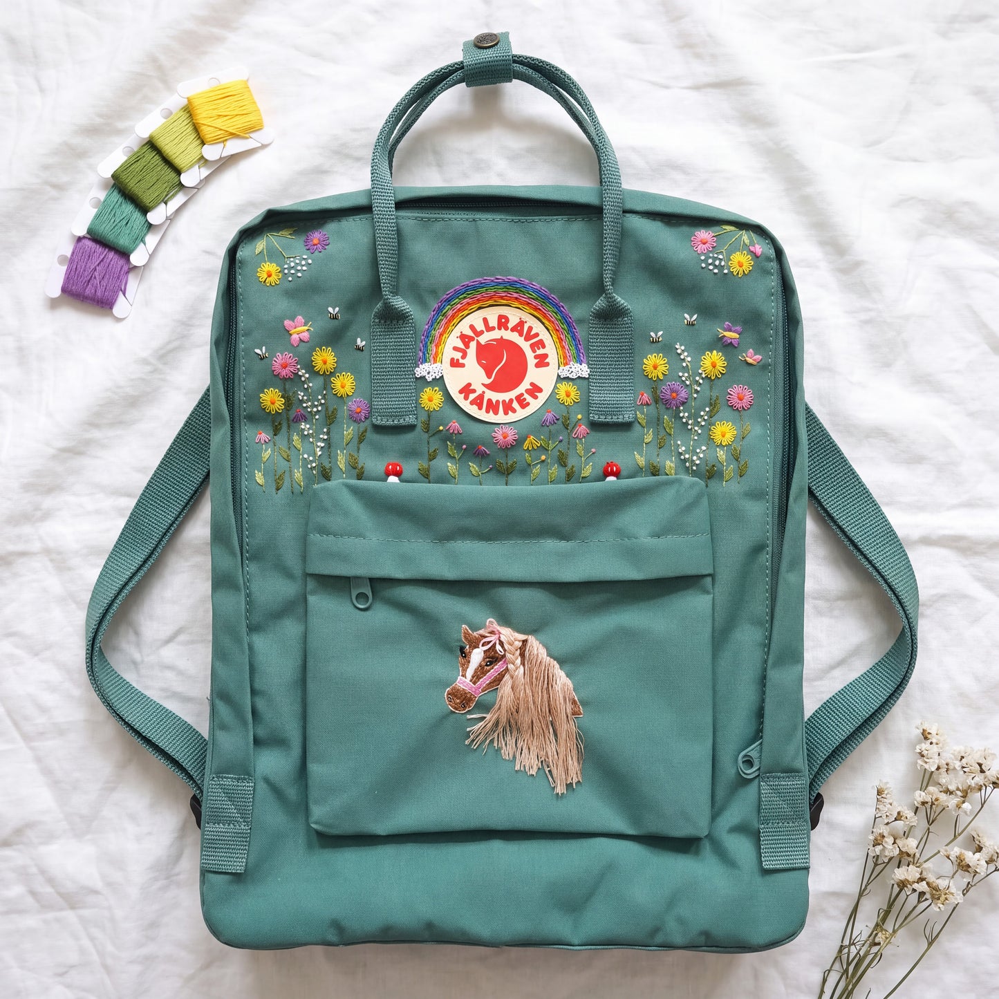 Fjallraven Kanken Embroidered Backpack | Colorful Flower & Rainbow Backpack | Horse Embroidery Kanken | Custom Animal Embroidery Backpack