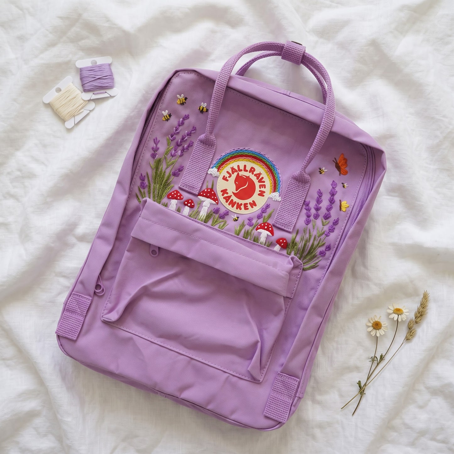 Fjallraven Kanken Rainbow Lavender Mushroom Embroidered Backpack | Lavender Mushroom Cottagecore Backpack | Cute Rainbow Floral School Bag