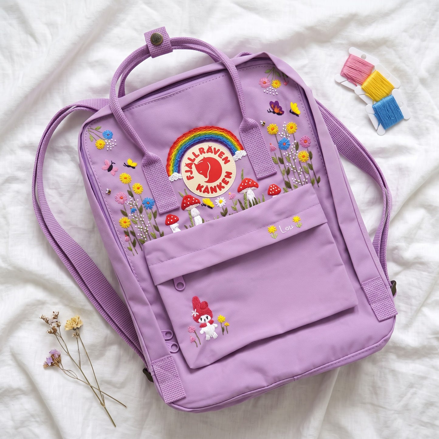 Hand Embroidered Fjallraven Kanken Backpack | Rainbow Mushroom Floral Backpack | Butterfly Wildflower Bag | Personalized Kanken Backpack