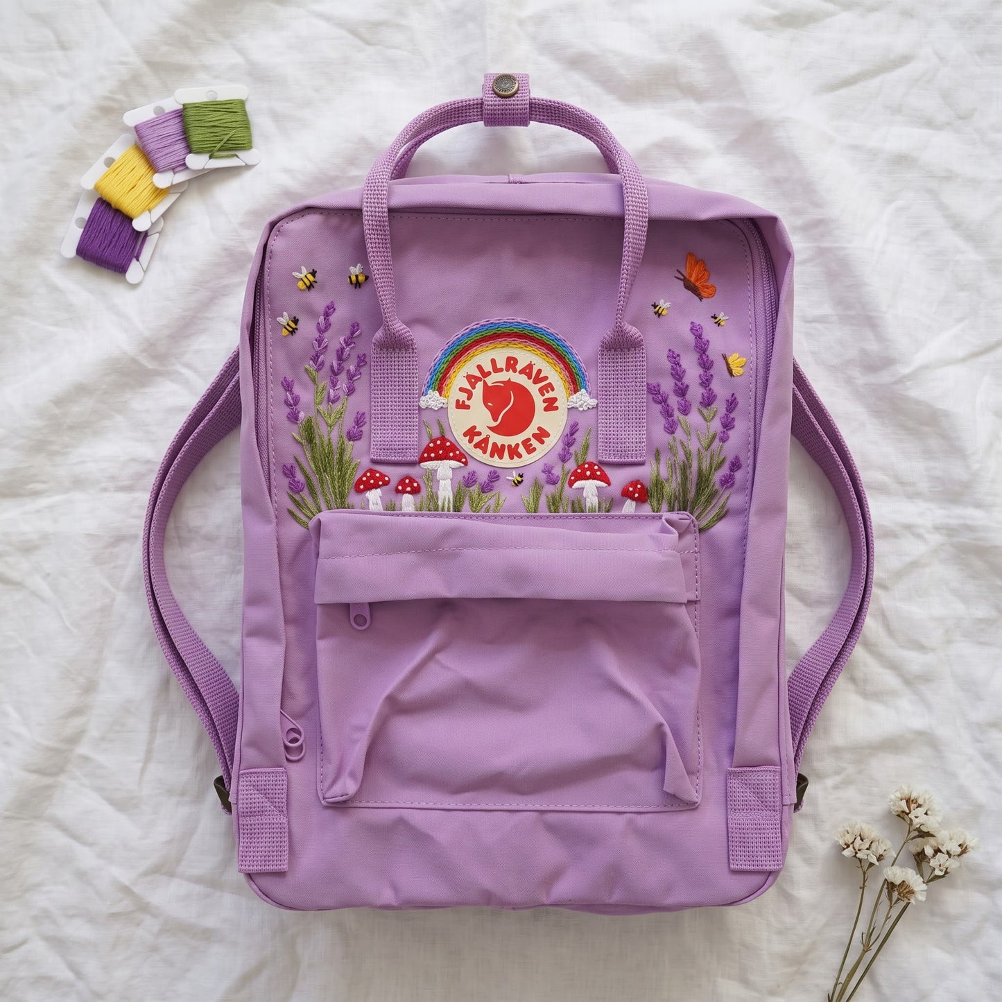 Fjallraven Kanken Rainbow Lavender Mushroom Embroidered Backpack | Lavender Mushroom Cottagecore Backpack | Cute Rainbow Floral School Bag