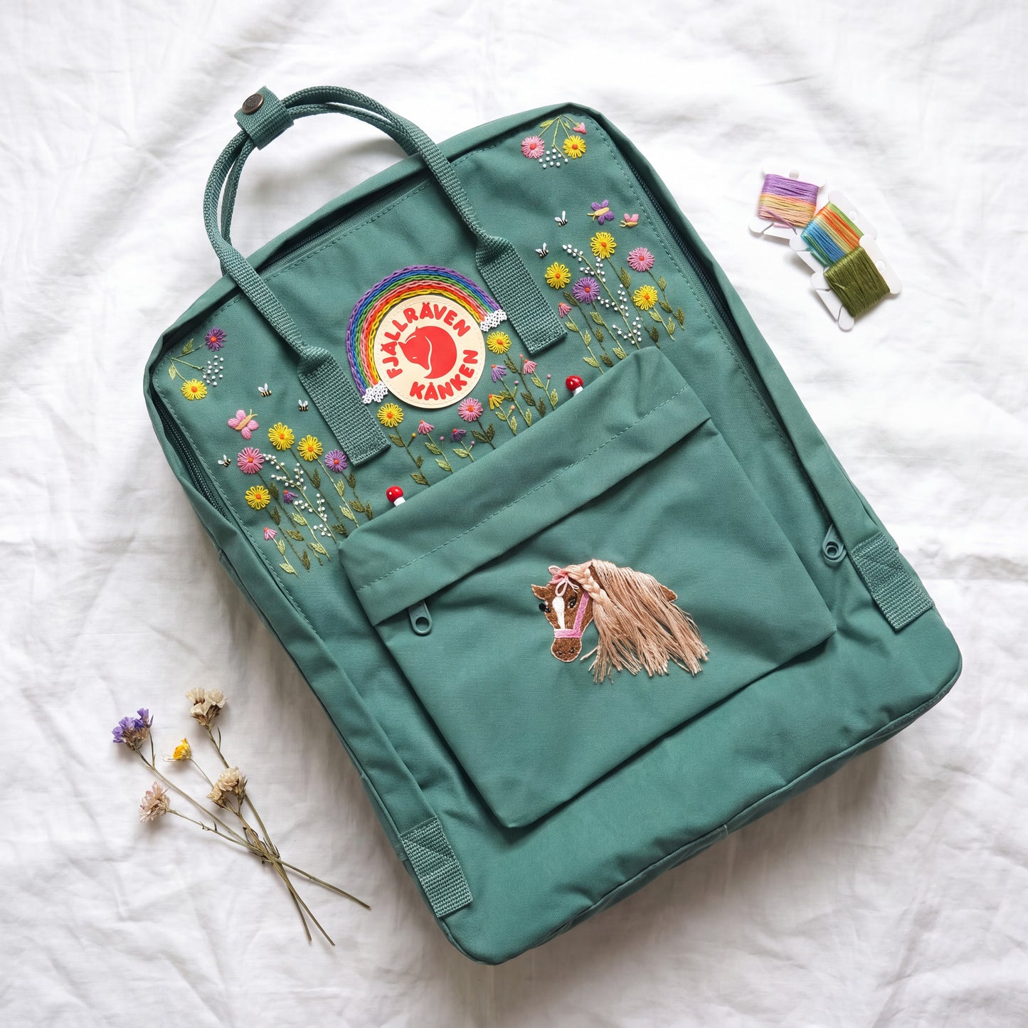Fjallraven Kanken Embroidered Backpack | Colorful Flower & Rainbow Backpack | Horse Embroidery Kanken | Custom Animal Embroidery Backpack
