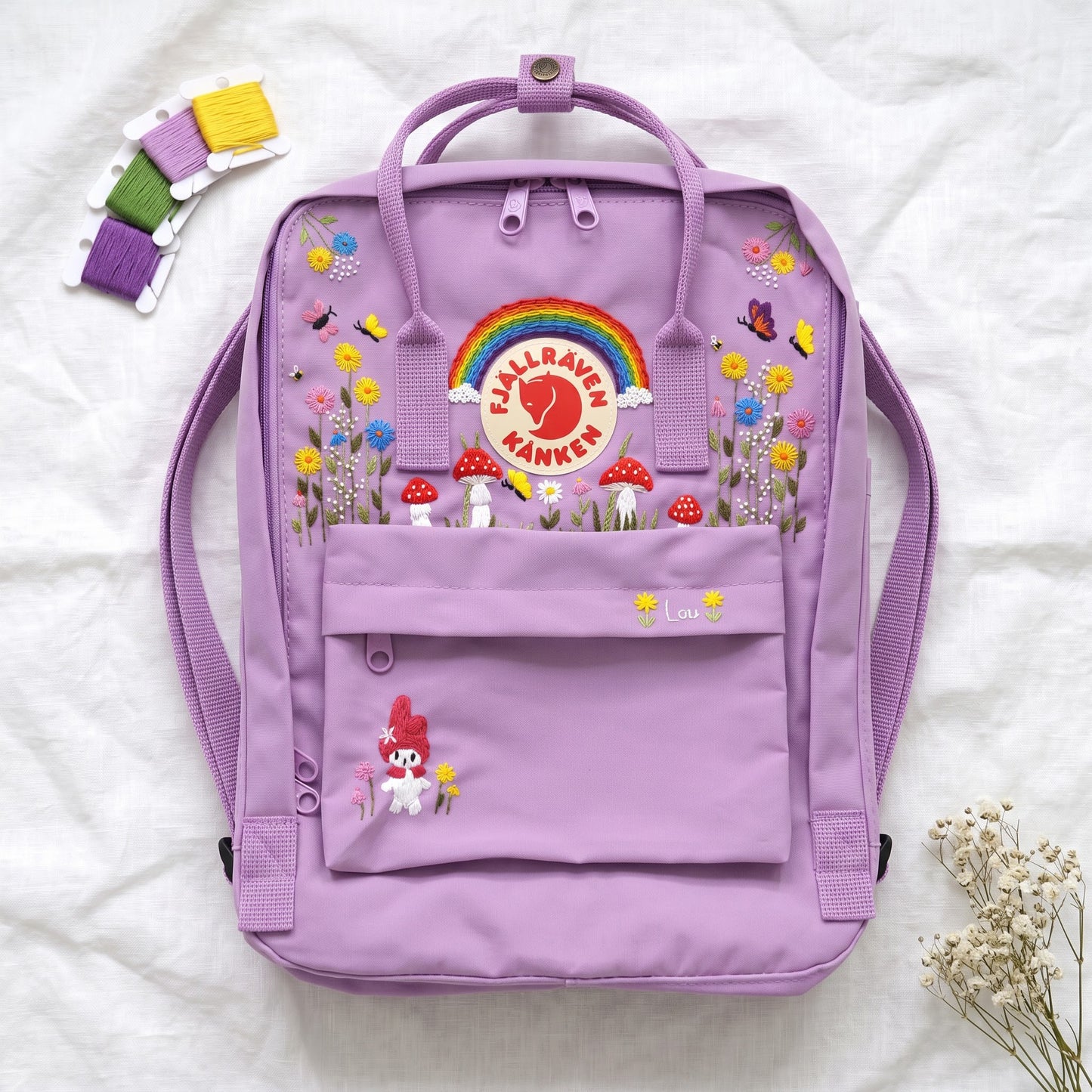 Hand Embroidered Fjallraven Kanken Backpack | Rainbow Mushroom Floral Backpack | Butterfly Wildflower Bag | Personalized Kanken Backpack