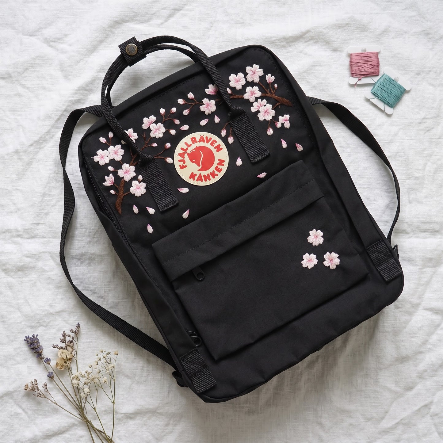 Fjallraven KaFjallraven Kanken Cherry Blossom Embroidered Backpack | Sakura Floral Hand Embroidery | Custom Name Kanken Bag | Back to School