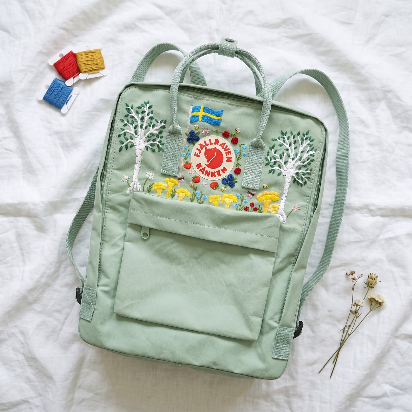 Personalized Fjallraven Kanken Swedish Forest Backpack | Custom Scandinavian Woodland Backpack | Swedish Flag & Wildflower Embroidery