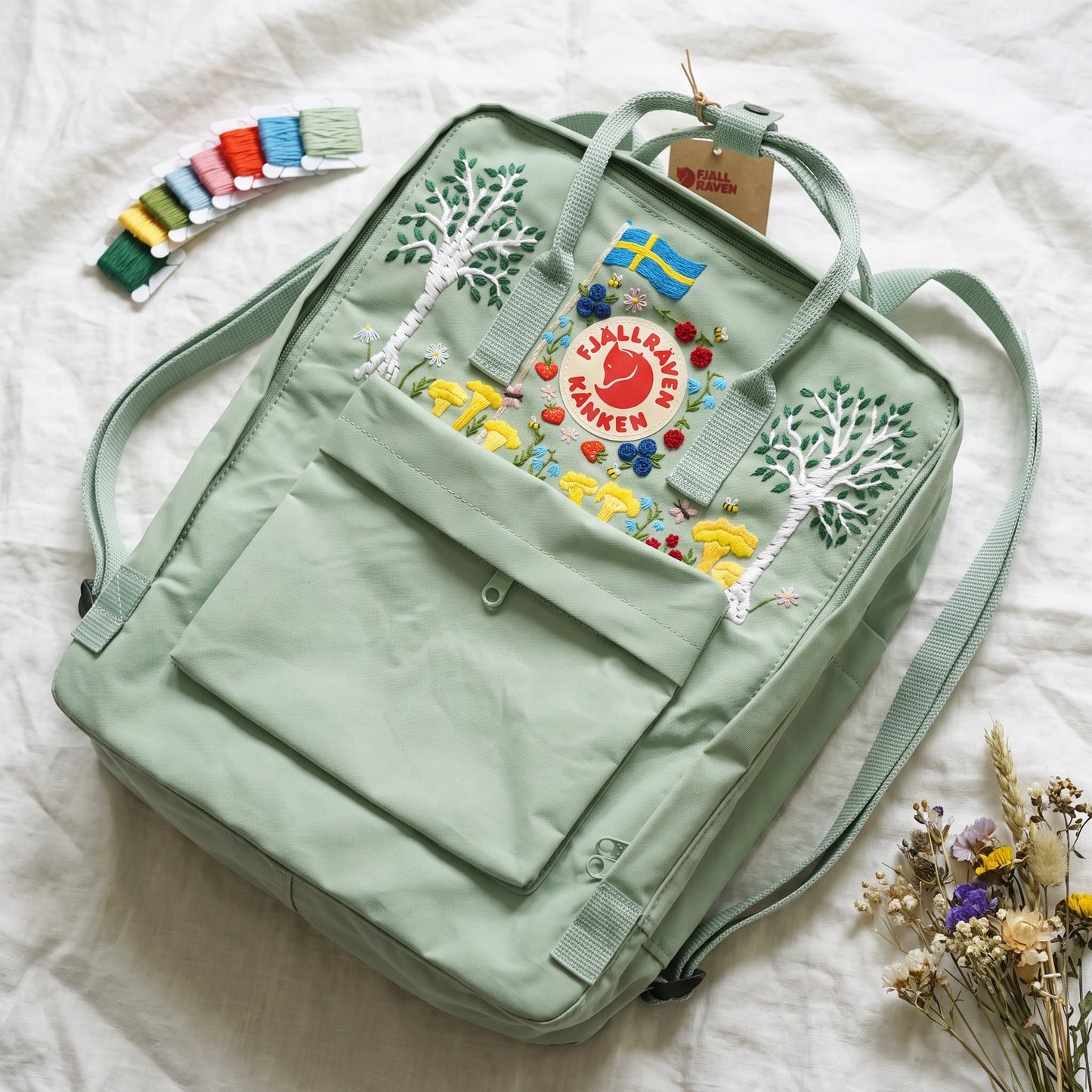 Personalized Fjallraven Kanken Swedish Forest Backpack | Custom Scandinavian Woodland Backpack | Swedish Flag & Wildflower Embroidery