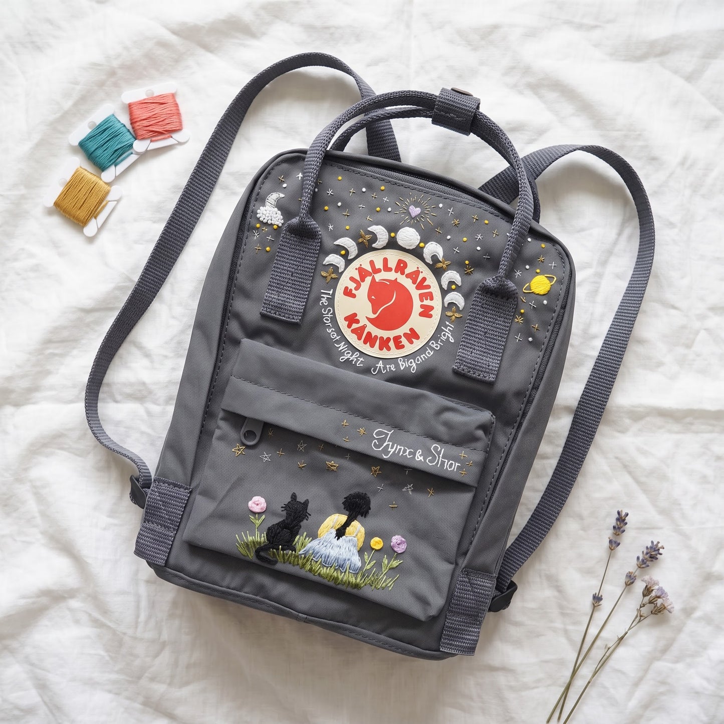 Personalized Fjallraven Kanken Celestial Backpack | Embroidered Moon Phases Kanken Bag | Custom Starry Night Cottagecore Backpack|Cosmic Cat