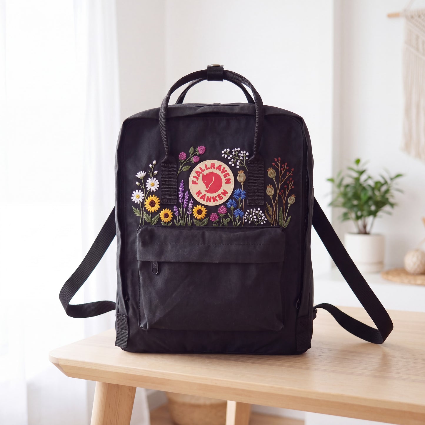 Hand Embroidered Fjallraven Kanken Backpack | Wildflower Floral Backpack | Sunflower Daisy Kanken Bag | Custom Personalized Backpack