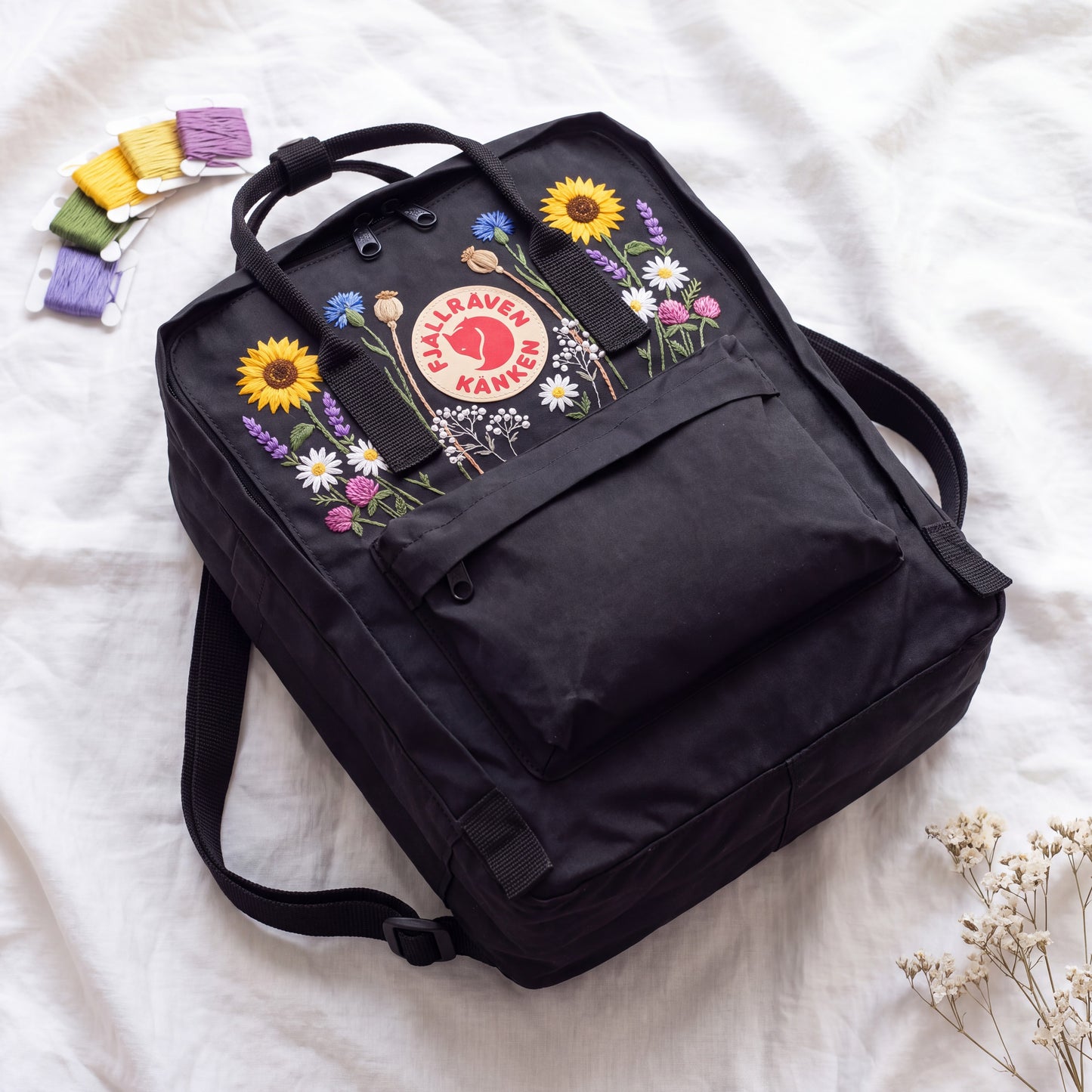 Hand Embroidered Fjallraven Kanken Backpack | Sunflower Wildflower Backpack | Daisy Floral Kanken Bag | Custom Personalized Backpack