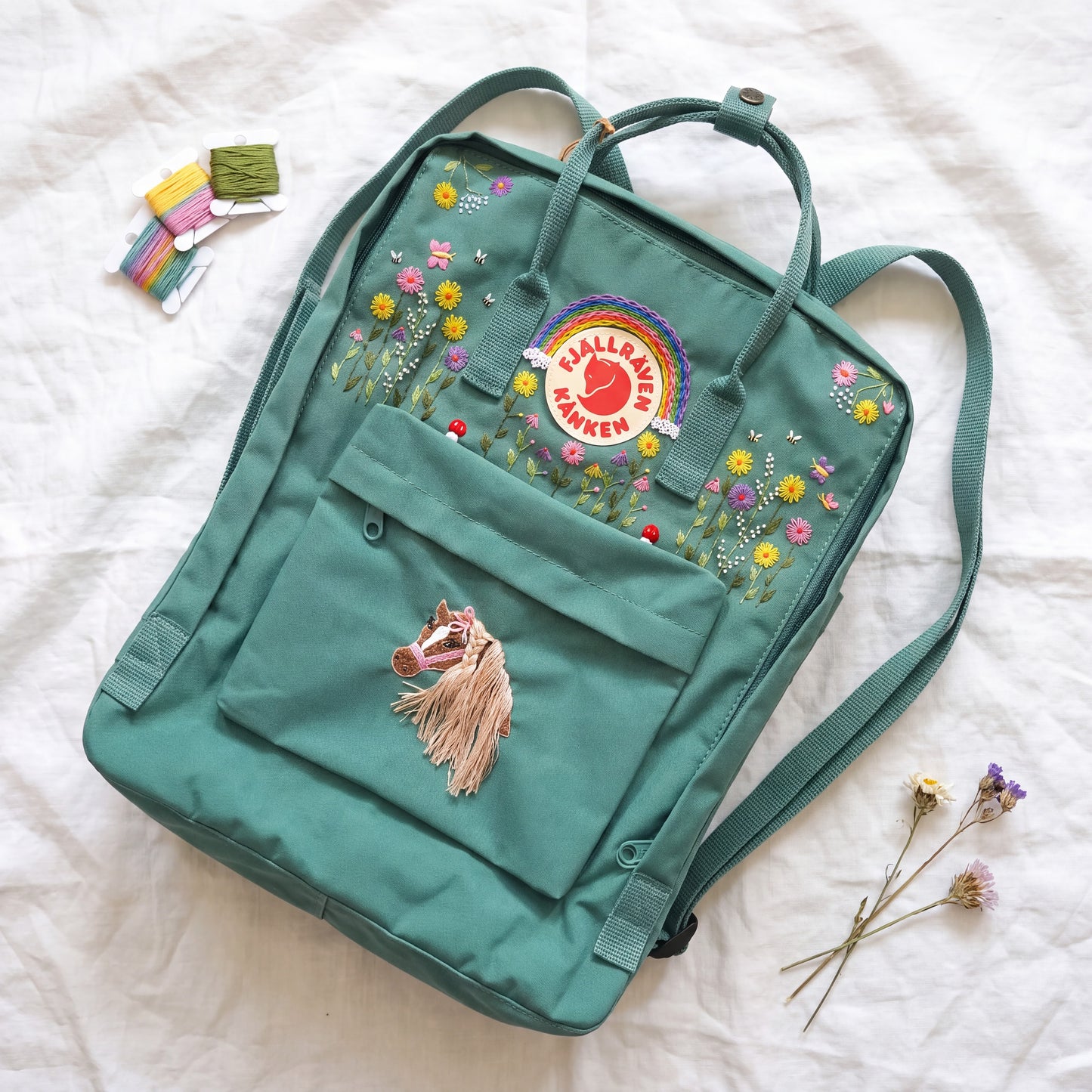 Fjallraven Kanken Embroidered Backpack | Colorful Flower & Rainbow Backpack | Horse Embroidery Kanken | Custom Animal Embroidery Backpack