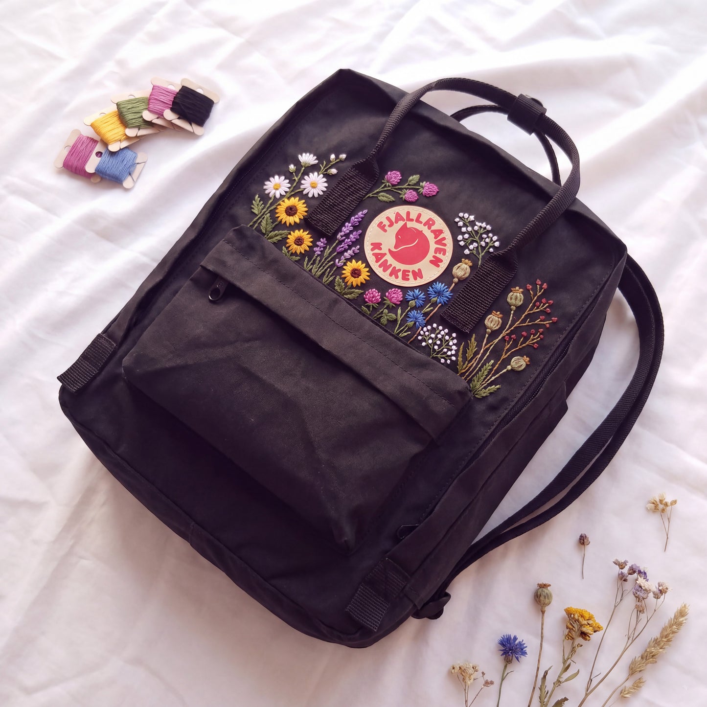 Hand Embroidered Fjallraven Kanken Backpack | Wildflower Floral Backpack | Sunflower Daisy Kanken Bag | Custom Personalized Backpack