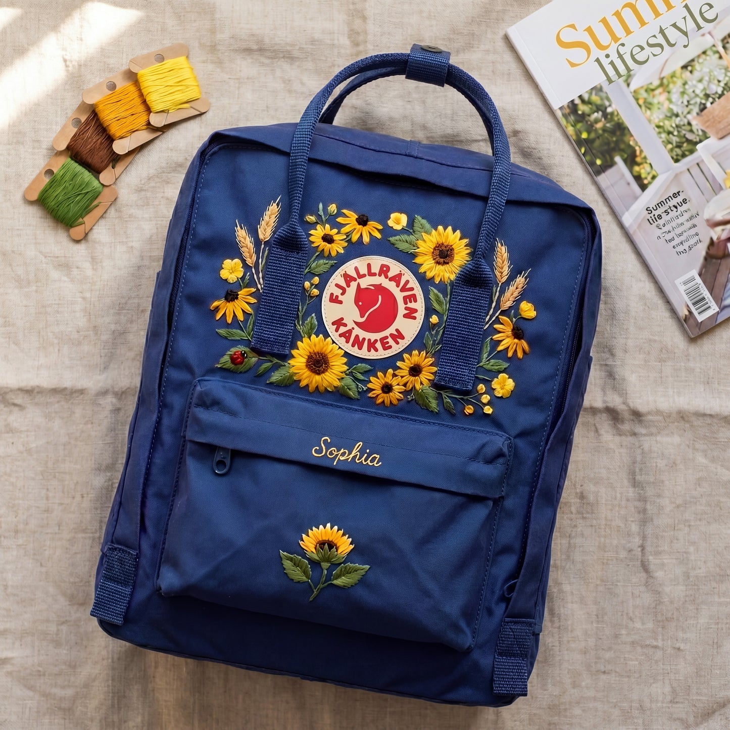 Personalized Fjallraven Kanken Sunflower Backpack, Custom Name Embroidered Kanken Bag, Embroidered Sunflower Garden School Backpack