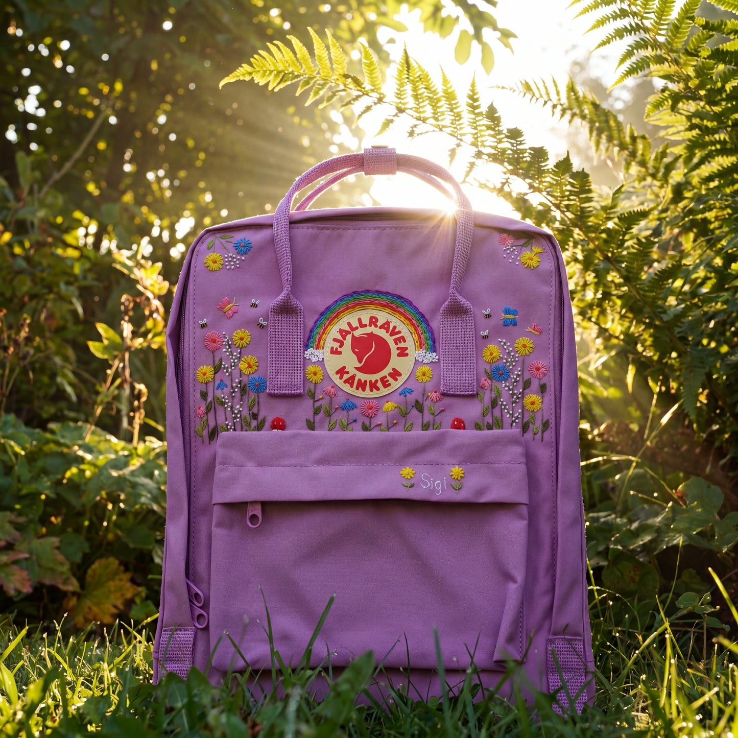 Fjallraven Kanken Colorful Sunflower Daisy Rainbow Embroidered Backpack, Multicolor Floral Kanken Bag, School Backpack, Personalized Gift