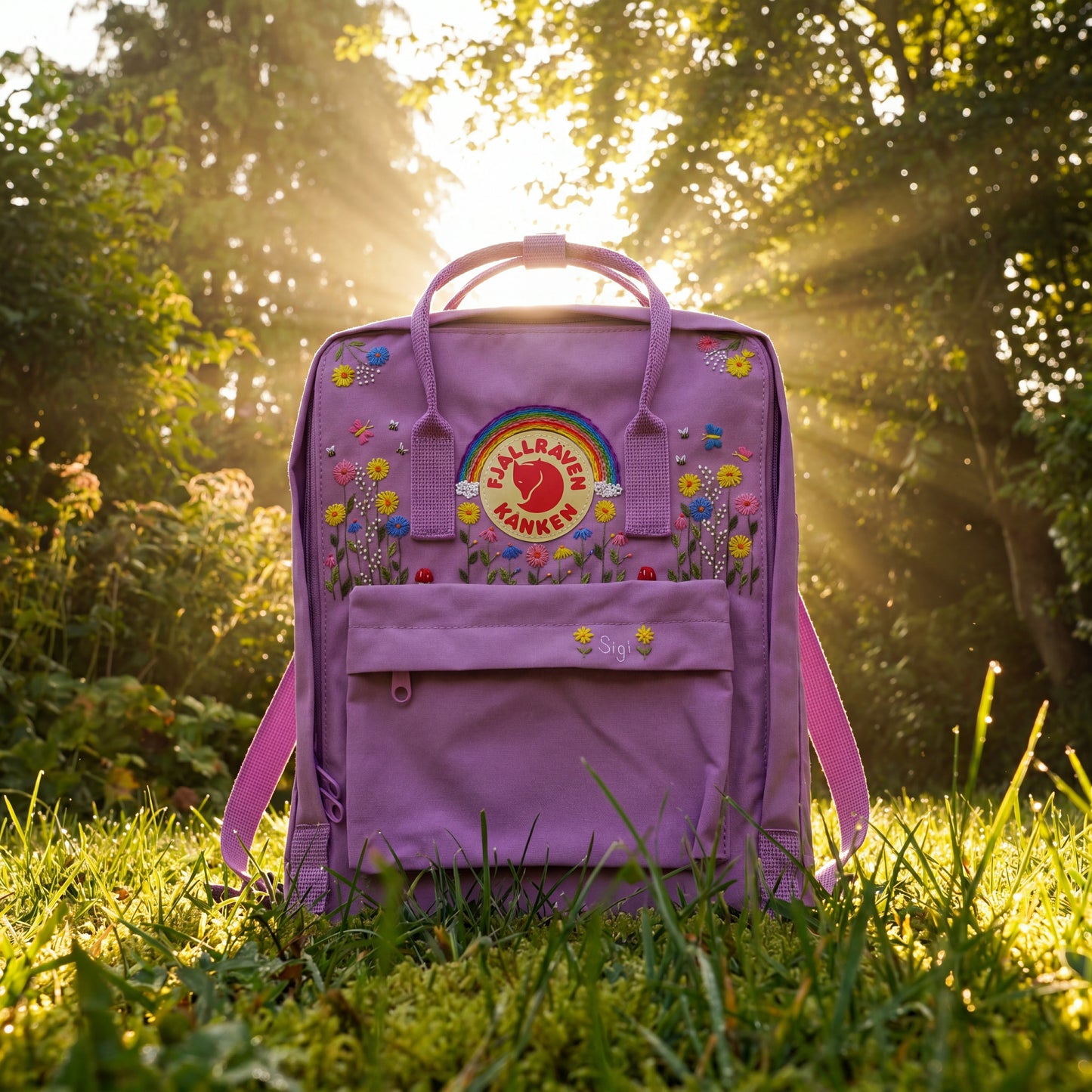 Fjallraven Kanken Colorful Sunflower Daisy Rainbow Embroidered Backpack, Multicolor Floral Kanken Bag, School Backpack, Personalized Gift