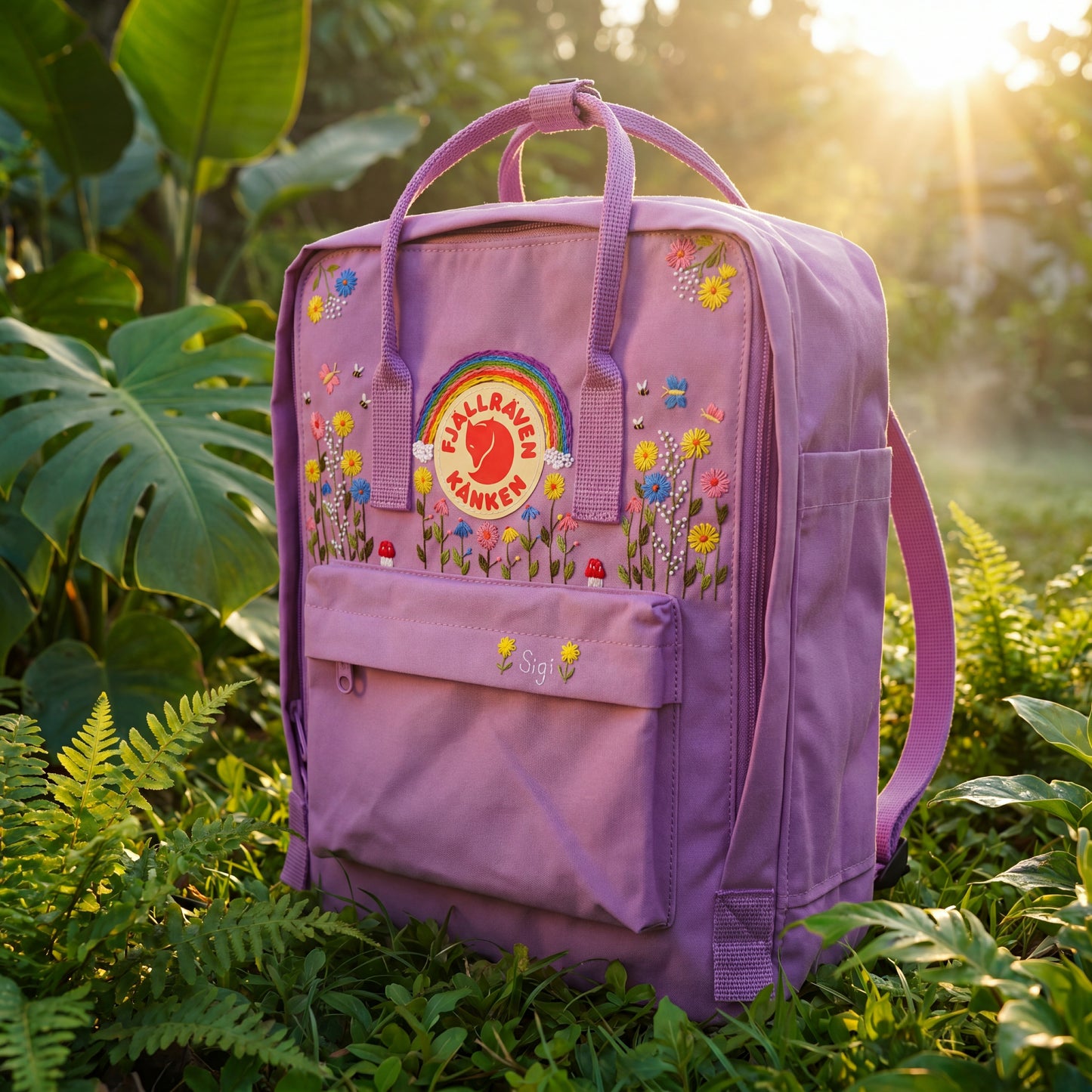 Fjallraven Kanken Colorful Sunflower Daisy Rainbow Embroidered Backpack, Multicolor Floral Kanken Bag, School Backpack, Personalized Gift