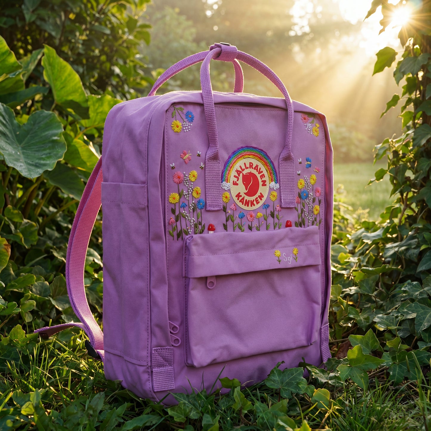 Fjallraven Kanken Colorful Sunflower Daisy Rainbow Embroidered Backpack, Multicolor Floral Kanken Bag, School Backpack, Personalized Gift