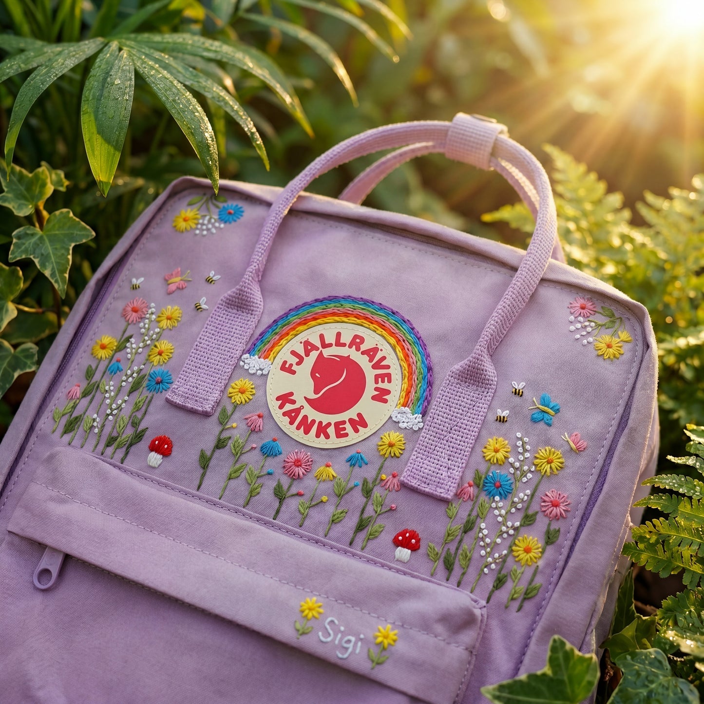 Fjallraven Kanken Colorful Sunflower Daisy Rainbow Embroidered Backpack, Multicolor Floral Kanken Bag, School Backpack, Personalized Gift
