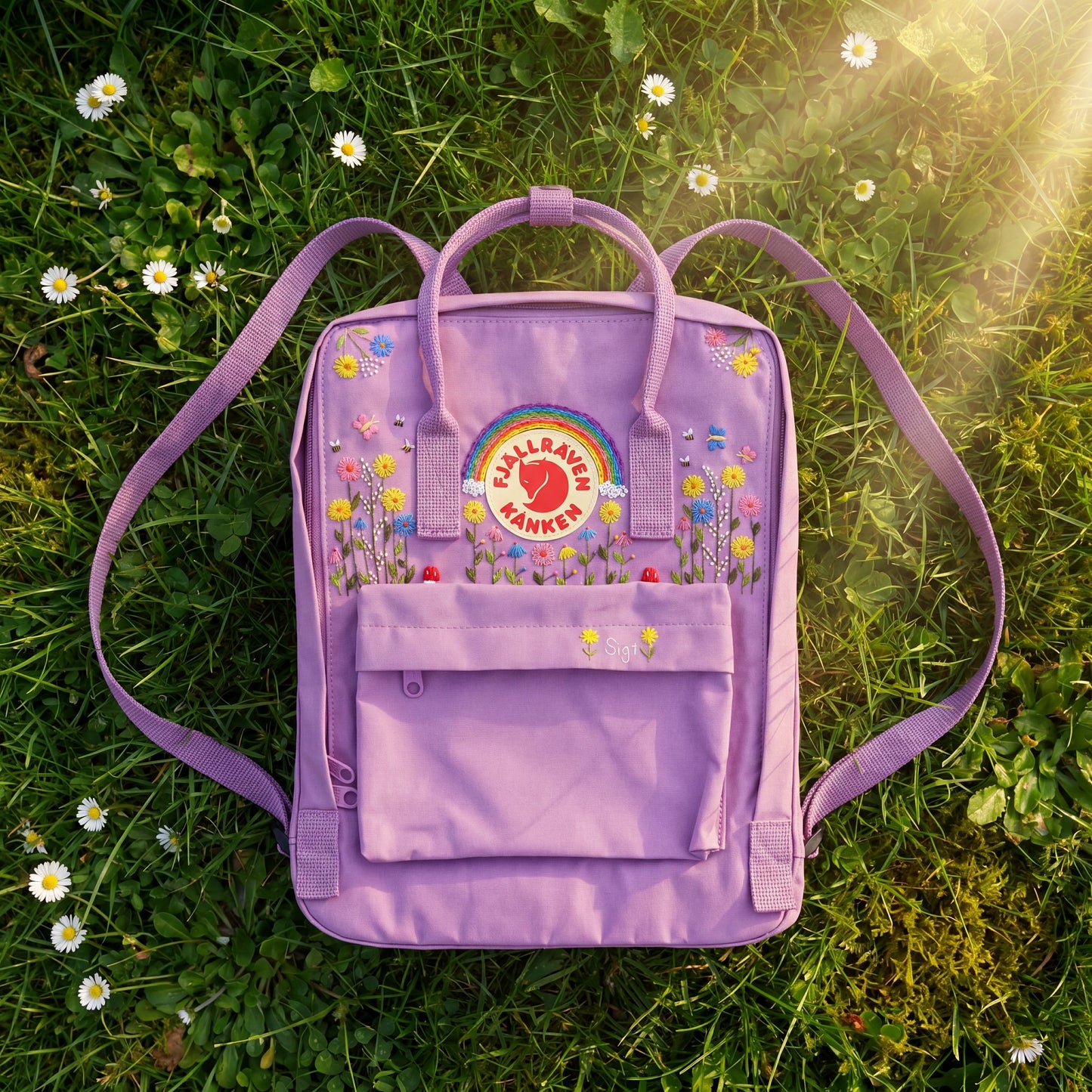 Fjallraven Kanken Colorful Sunflower Daisy Rainbow Embroidered Backpack, Multicolor Floral Kanken Bag, School Backpack, Personalized Gift