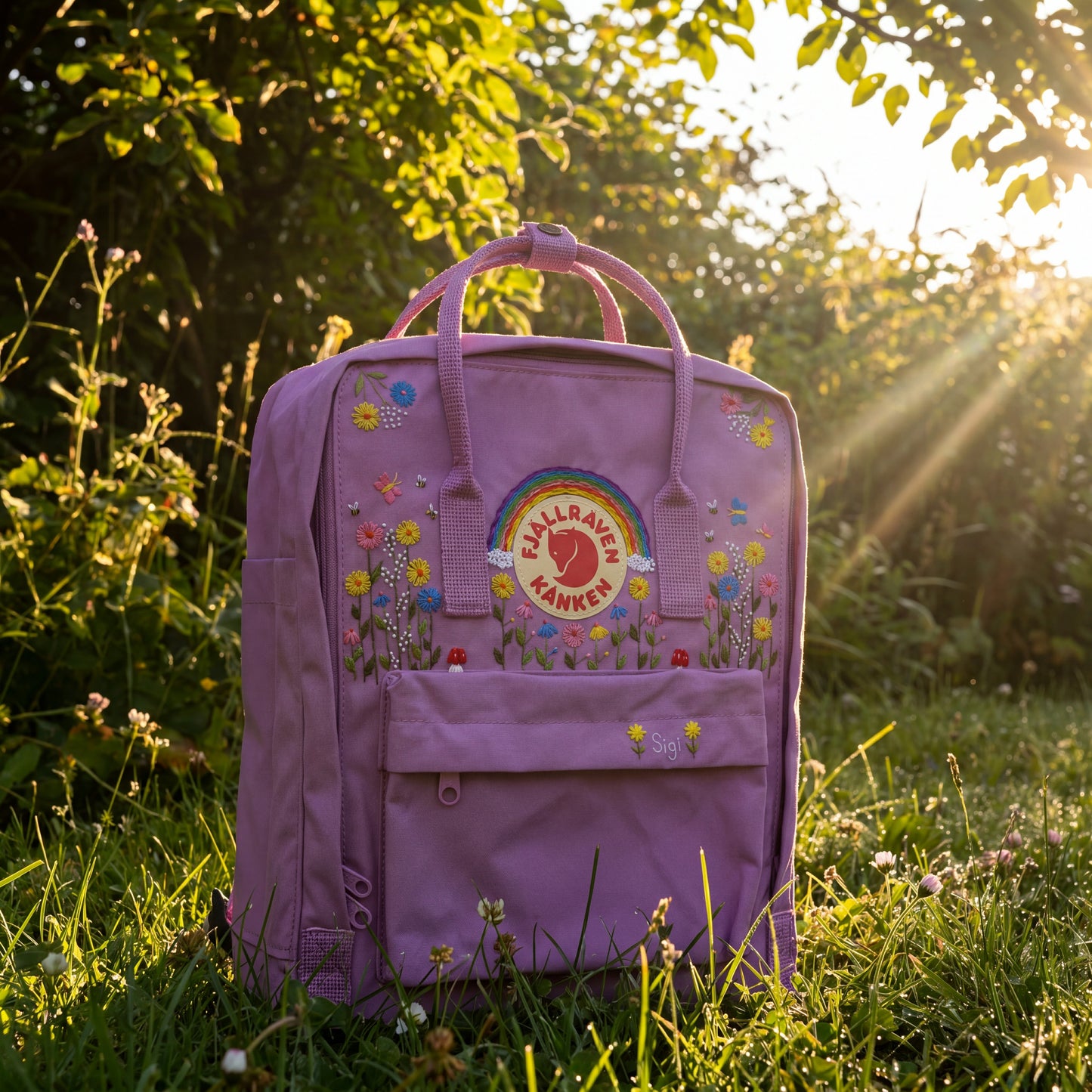 Fjallraven Kanken Colorful Sunflower Daisy Rainbow Embroidered Backpack, Multicolor Floral Kanken Bag, School Backpack, Personalized Gift