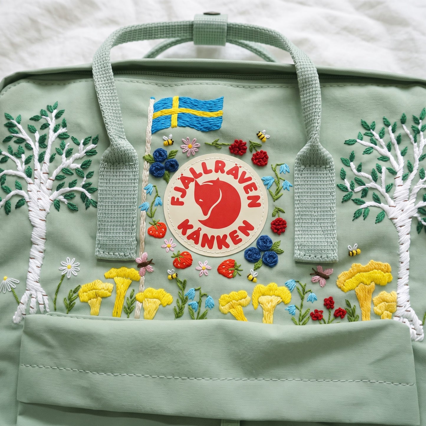 Personalized Fjallraven Kanken Swedish Forest Backpack | Custom Scandinavian Woodland Backpack | Swedish Flag & Wildflower Embroidery