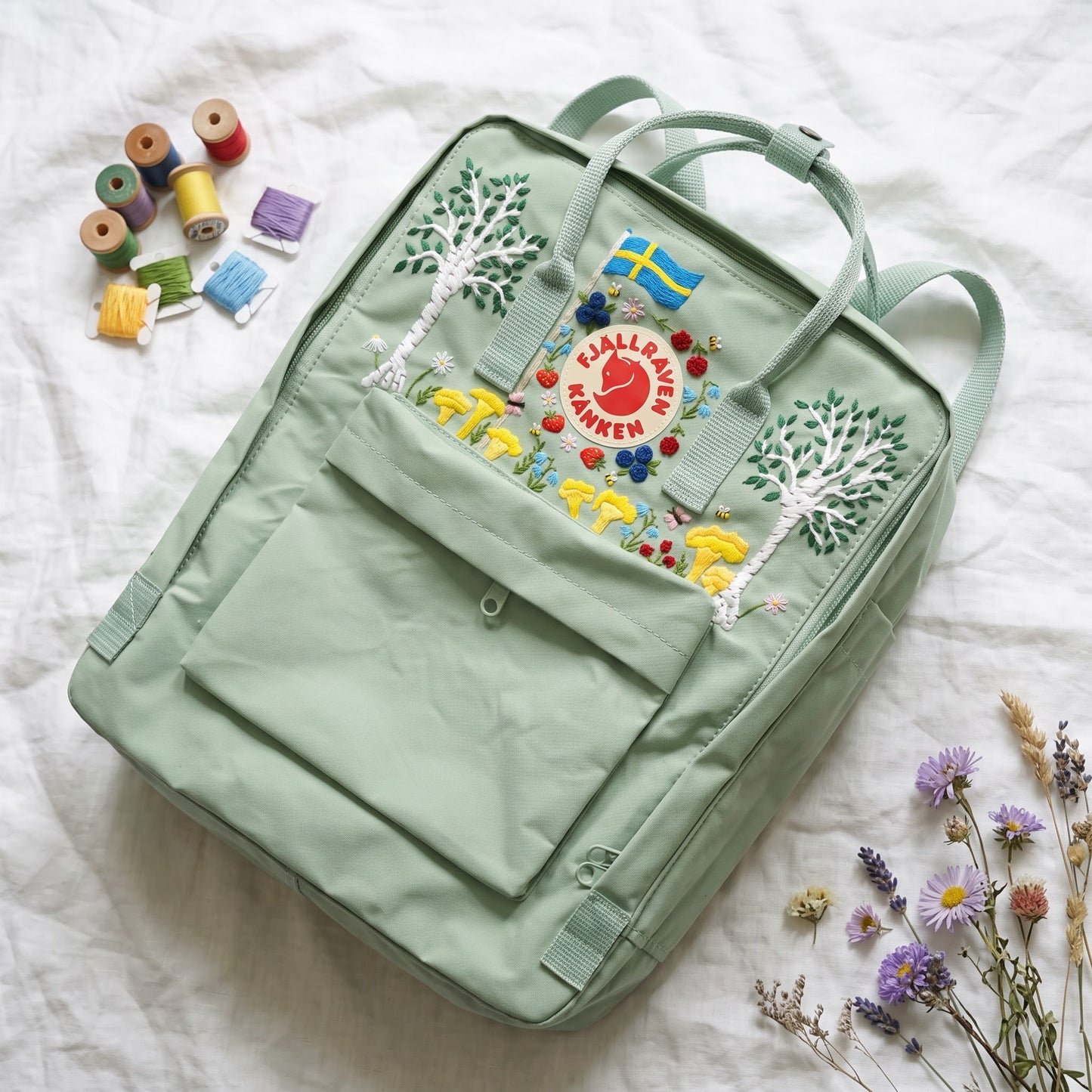 Personalized Fjallraven Kanken Swedish Forest Backpack | Custom Scandinavian Woodland Backpack | Swedish Flag & Wildflower Embroidery