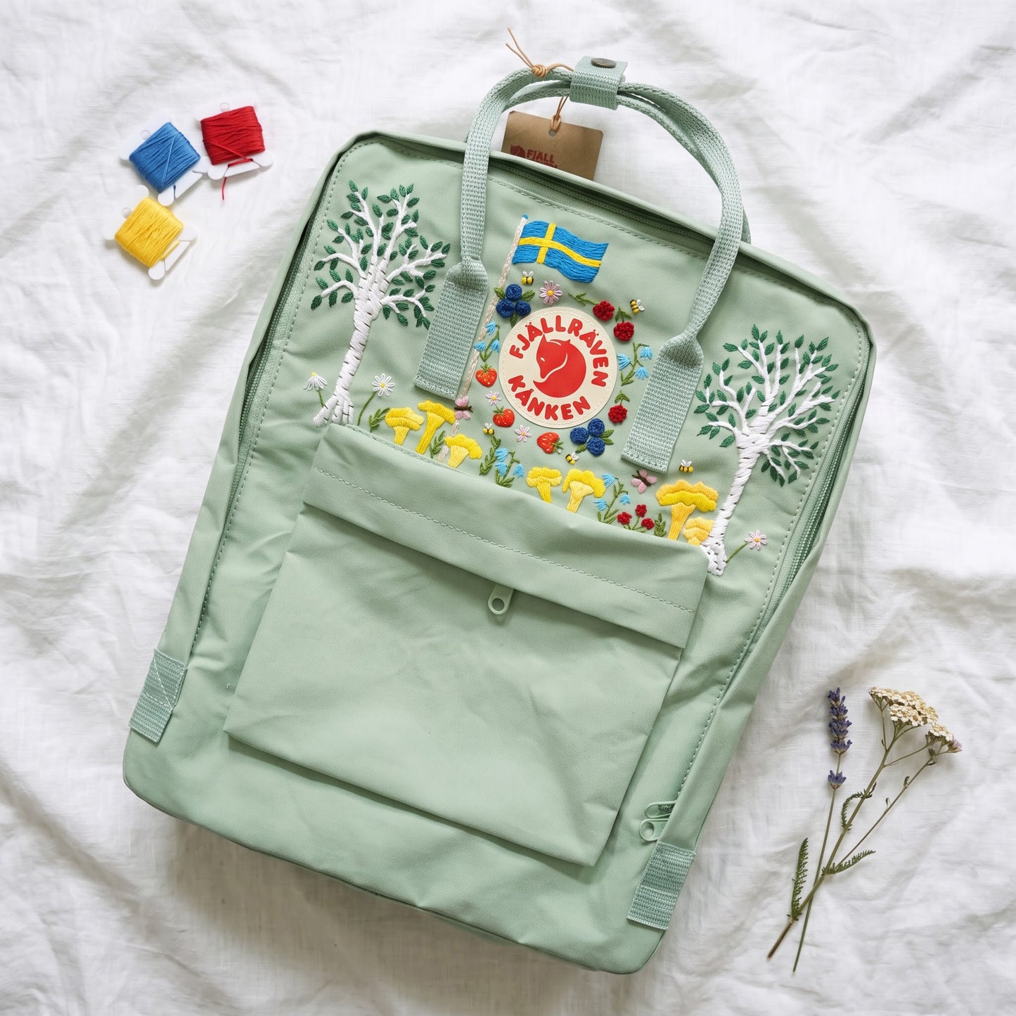 Personalized Fjallraven Kanken Swedish Forest Backpack | Custom Scandinavian Woodland Backpack | Swedish Flag & Wildflower Embroidery