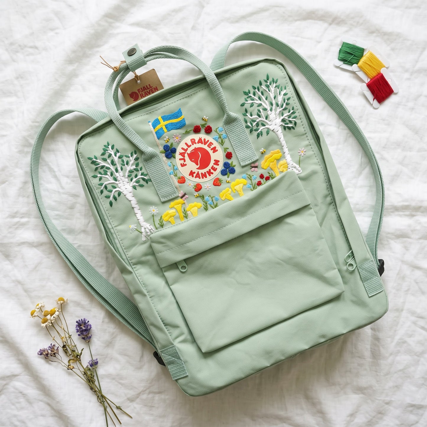 Personalized Fjallraven Kanken Swedish Forest Backpack | Custom Scandinavian Woodland Backpack | Swedish Flag & Wildflower Embroidery