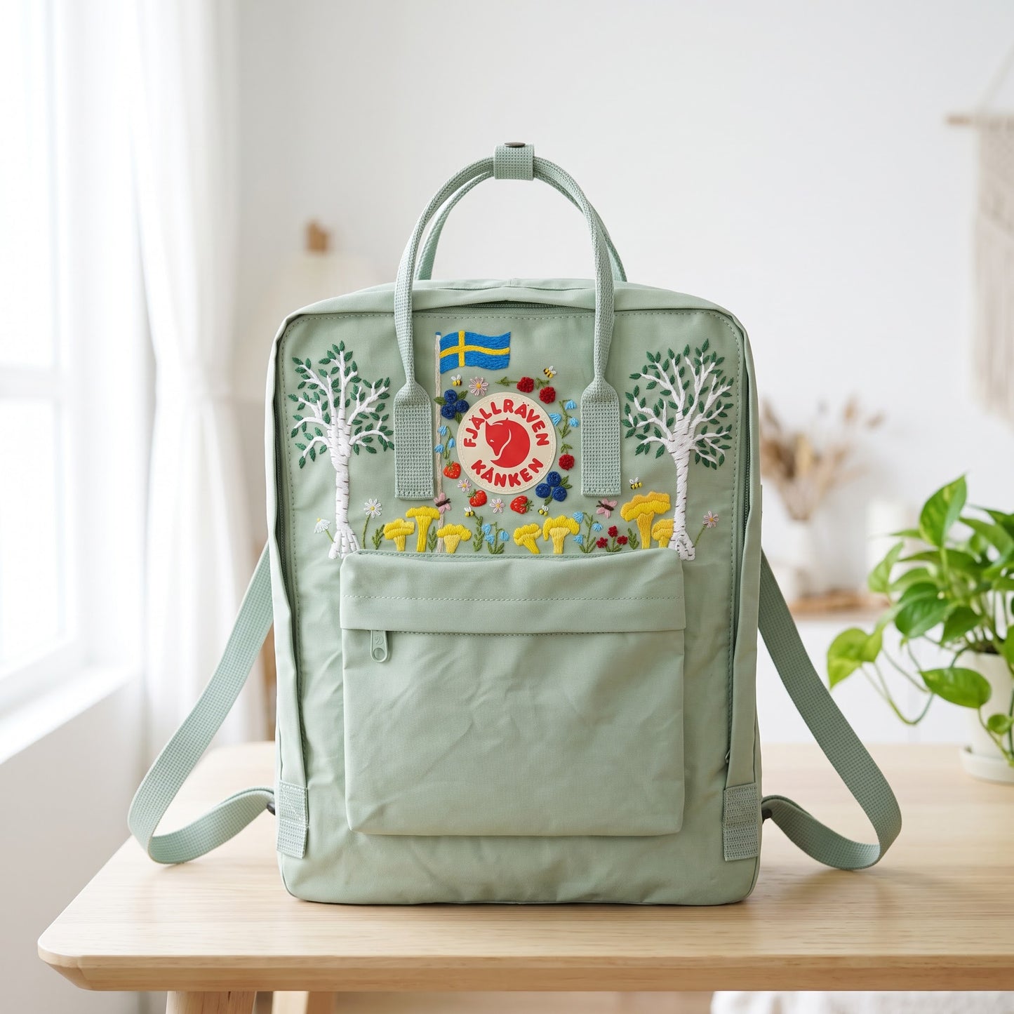 Personalized Fjallraven Kanken Swedish Forest Backpack | Custom Scandinavian Woodland Backpack | Swedish Flag & Wildflower Embroidery