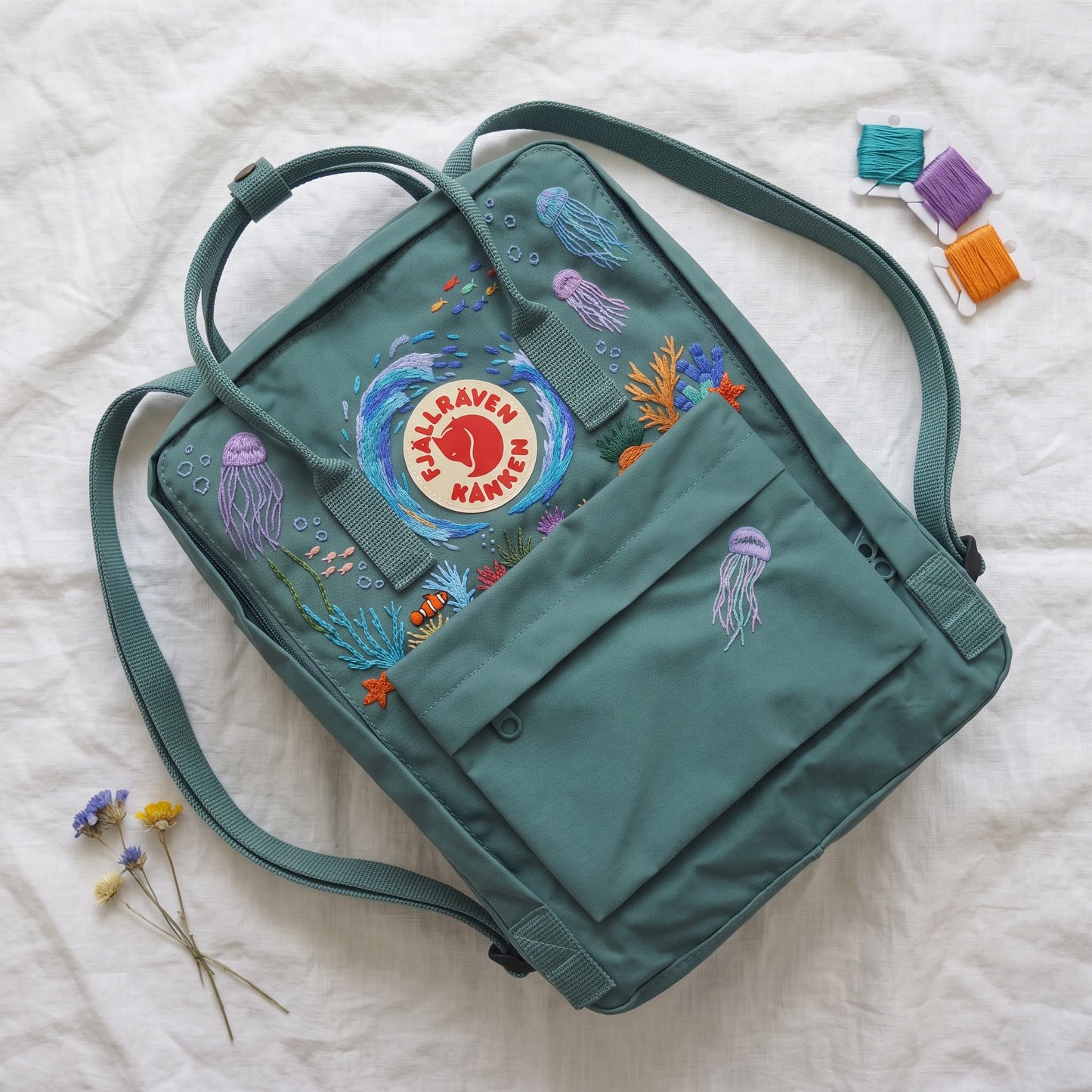 Embroidered Fjallraven Kanken Backpack Jellyfish Coral | Ocean Aesthetic Backpack | Marine Life Underwater Bag