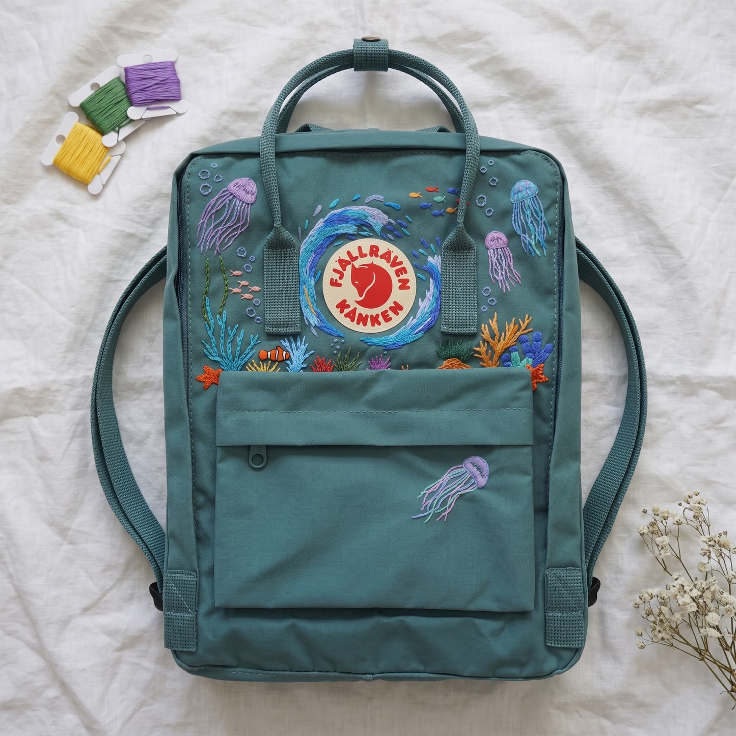 Embroidered Fjallraven Kanken Backpack Jellyfish Coral | Ocean Aesthetic Backpack | Marine Life Underwater Bag