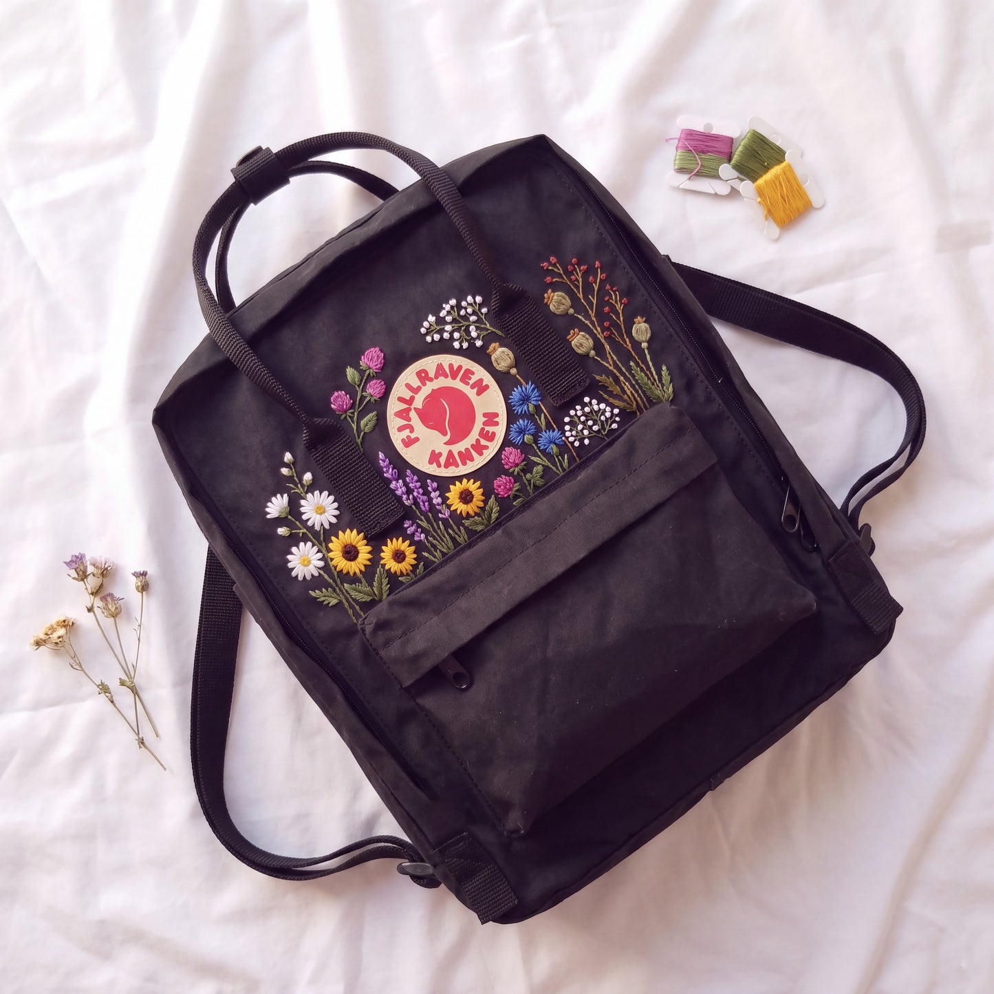 Hand Embroidered Fjallraven Kanken Backpack | Wildflower Floral Backpack | Sunflower Daisy Kanken Bag | Custom Personalized Backpack