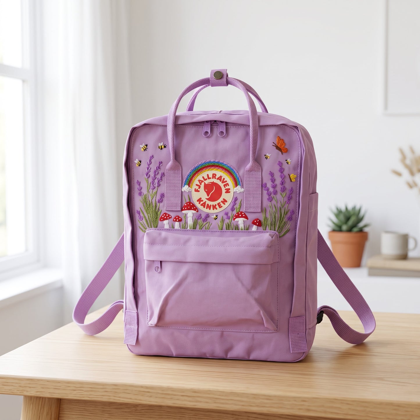 Fjallraven Kanken Rainbow Lavender Mushroom Embroidered Backpack | Lavender Mushroom Cottagecore Backpack | Cute Rainbow Floral School Bag