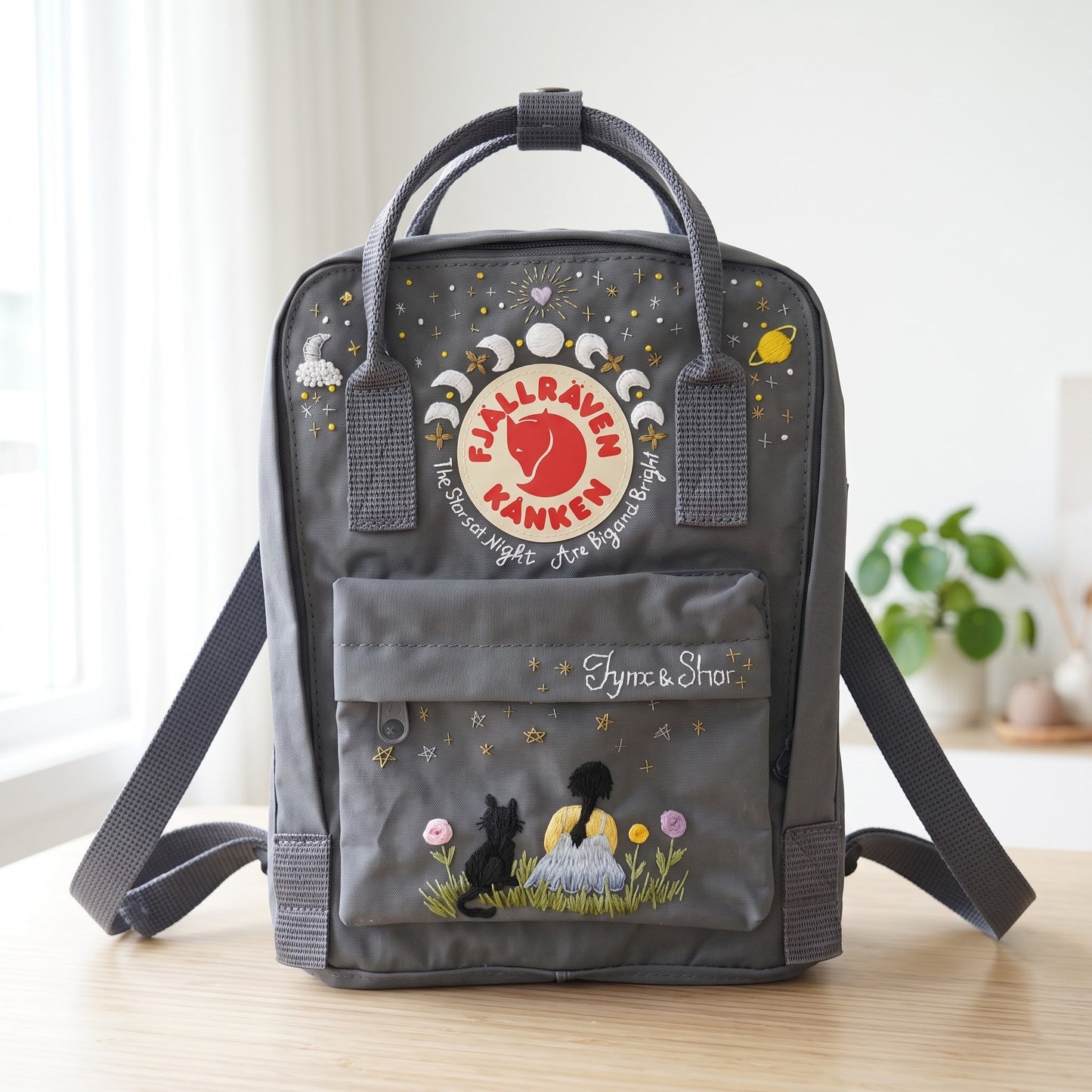 Personalized Fjallraven Kanken Celestial Backpack | Embroidered Moon Phases Kanken Bag | Custom Starry Night Cottagecore Backpack|Cosmic Cat