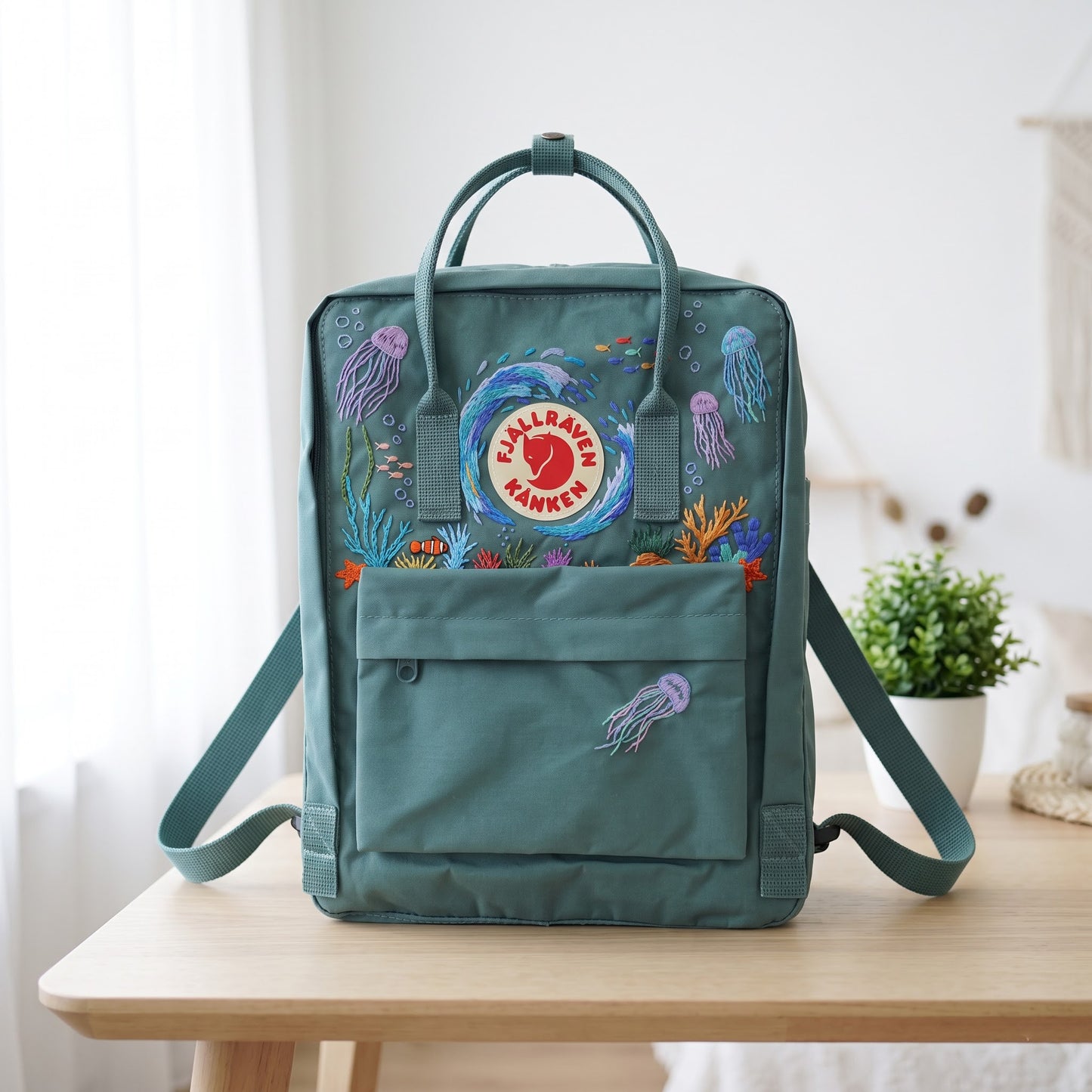 Embroidered Fjallraven Kanken Backpack Jellyfish Coral | Ocean Aesthetic Backpack | Marine Life Underwater Bag
