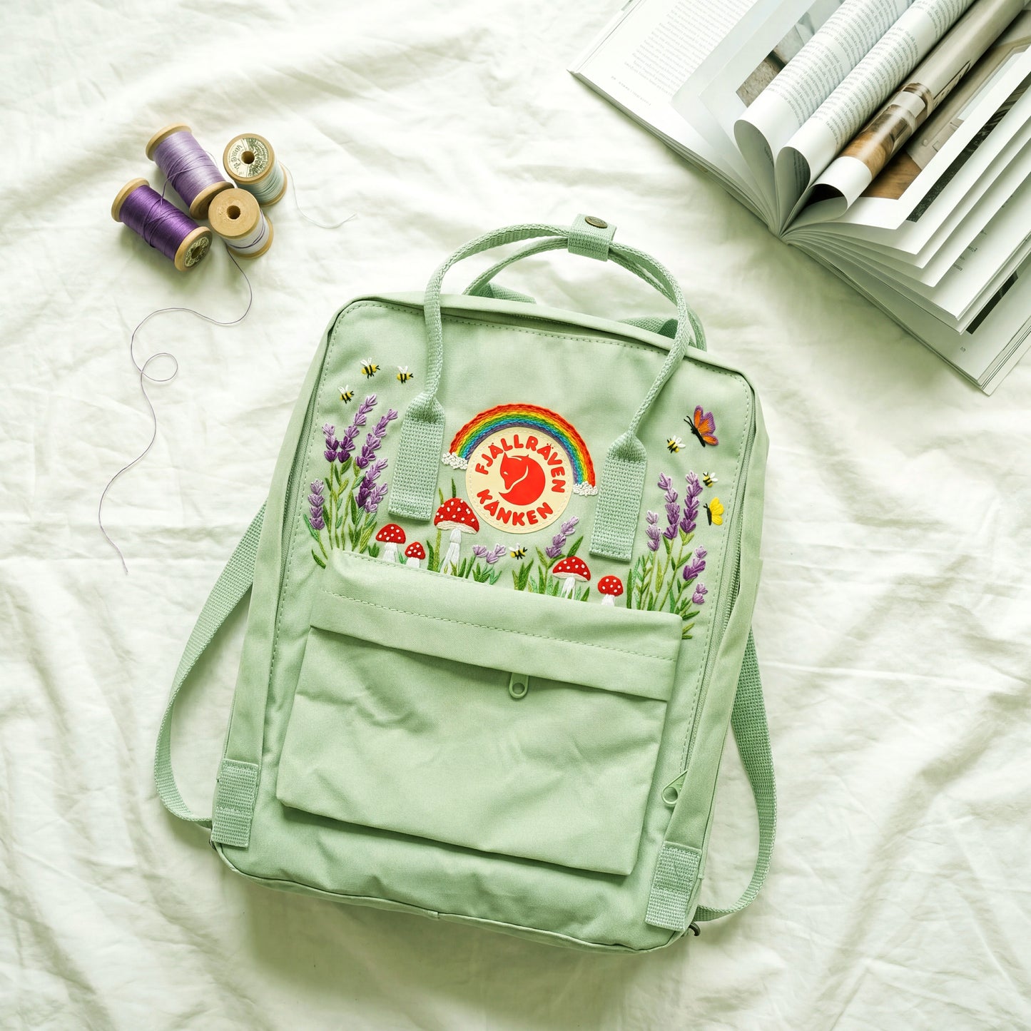 Fjallraven Kanken Rainbow Lavender Mushroom Embroidered Backpack | Lavender Mushroom Cottagecore Backpack | Cute Rainbow Floral School Bag