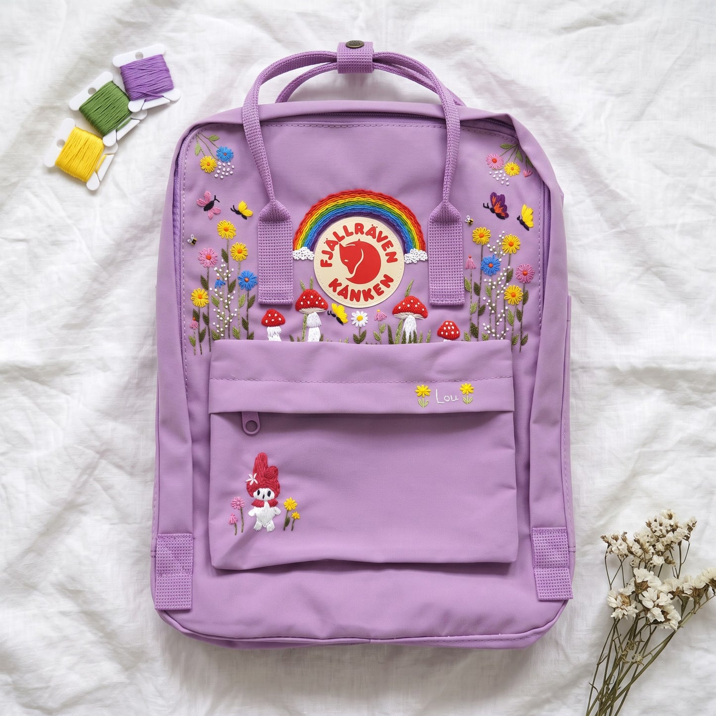Hand Embroidered Fjallraven Kanken Backpack | Rainbow Mushroom Floral Backpack | Butterfly Wildflower Bag | Personalized Kanken Backpack