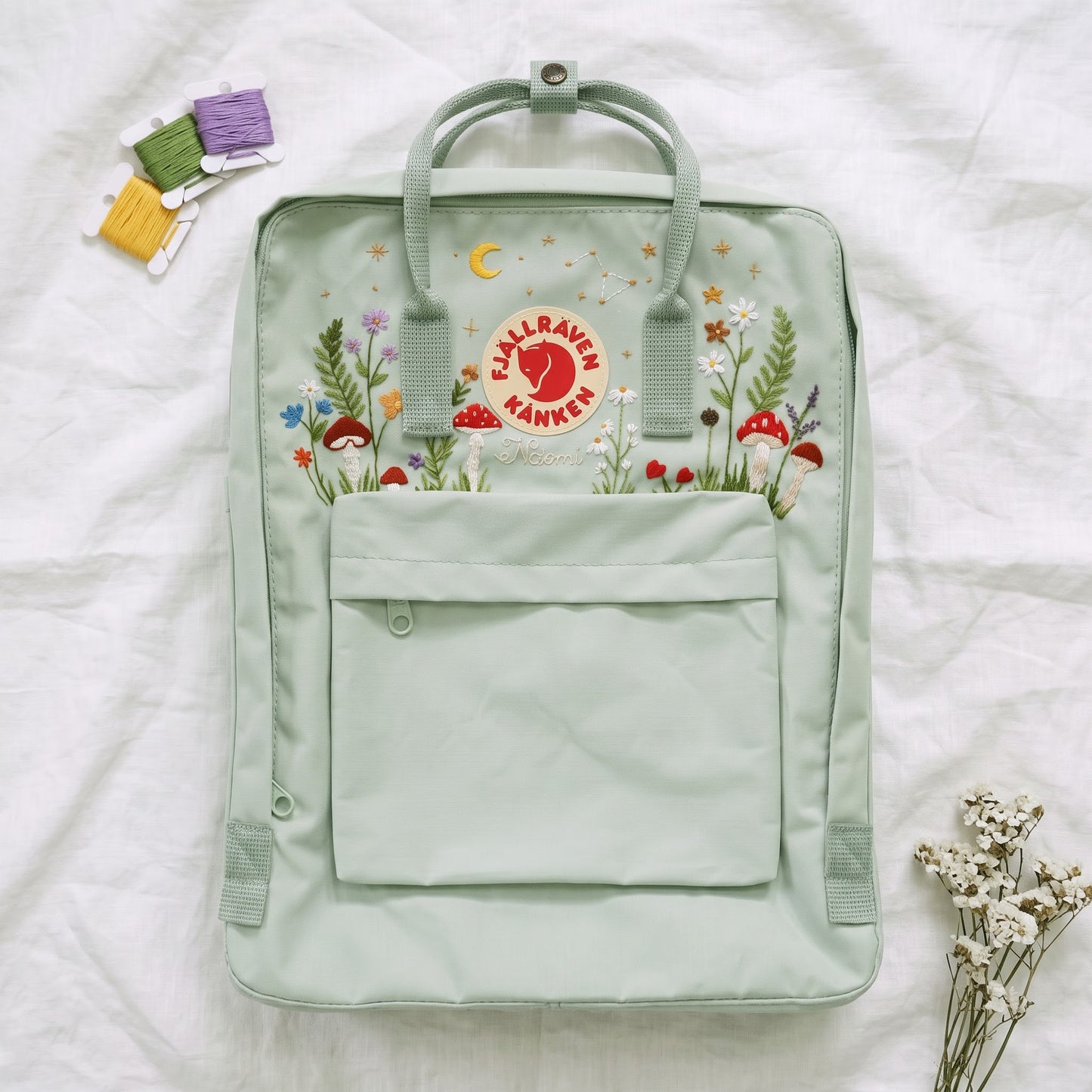 Fjallraven Kanken Backpack Embroidered with Mushrooms and Wildflowers | Mushroom & Floral Design Backpack | Personalized Custom Kanken