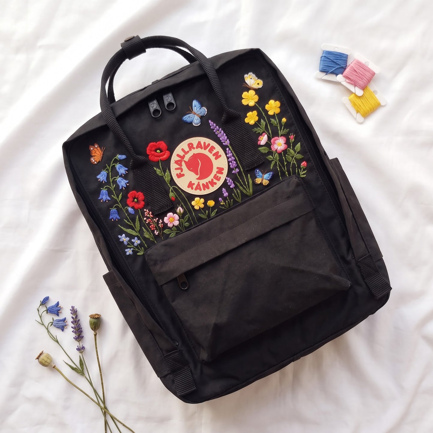 Hand Embroidered Fjallraven Kanken Backpack, Floral Butterfly Kanken Bag, Custom Embroidered Backpack, Personalized Kanken Backpack